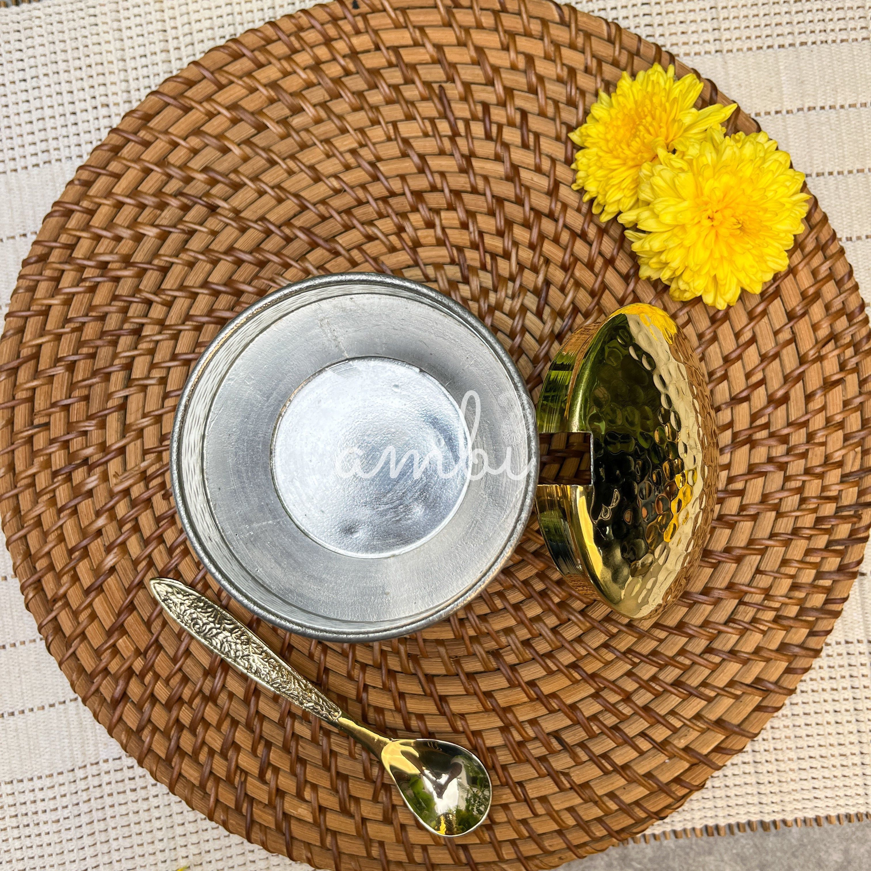 Pure Brass Hammered Ghee Pot With Spoon - Gold Finish 400 ml