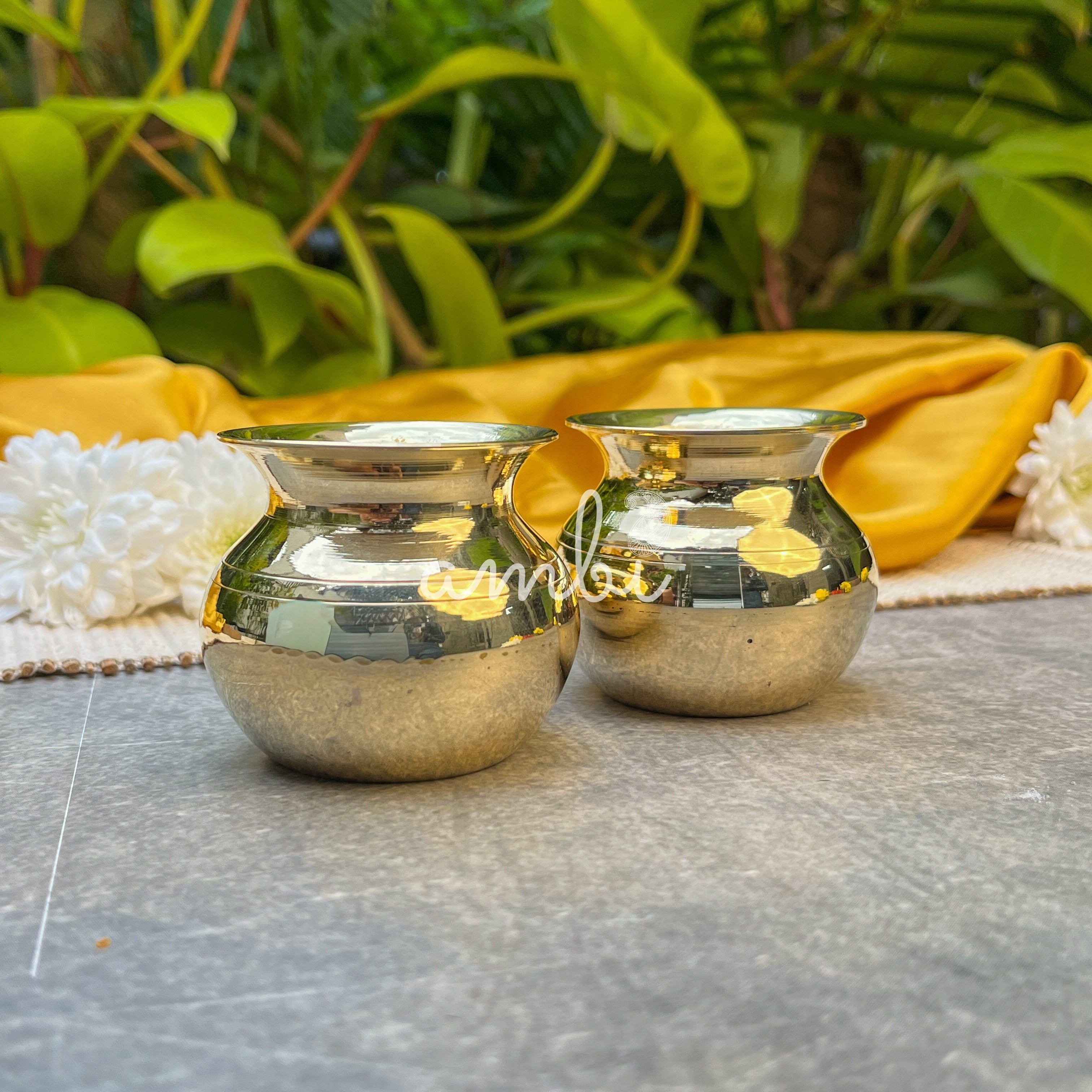 Ambi 100% Pure Brass Pooja Madrasi Lota for Pooja / Abhishek - Small - 2.5 Inches height - Set of 2