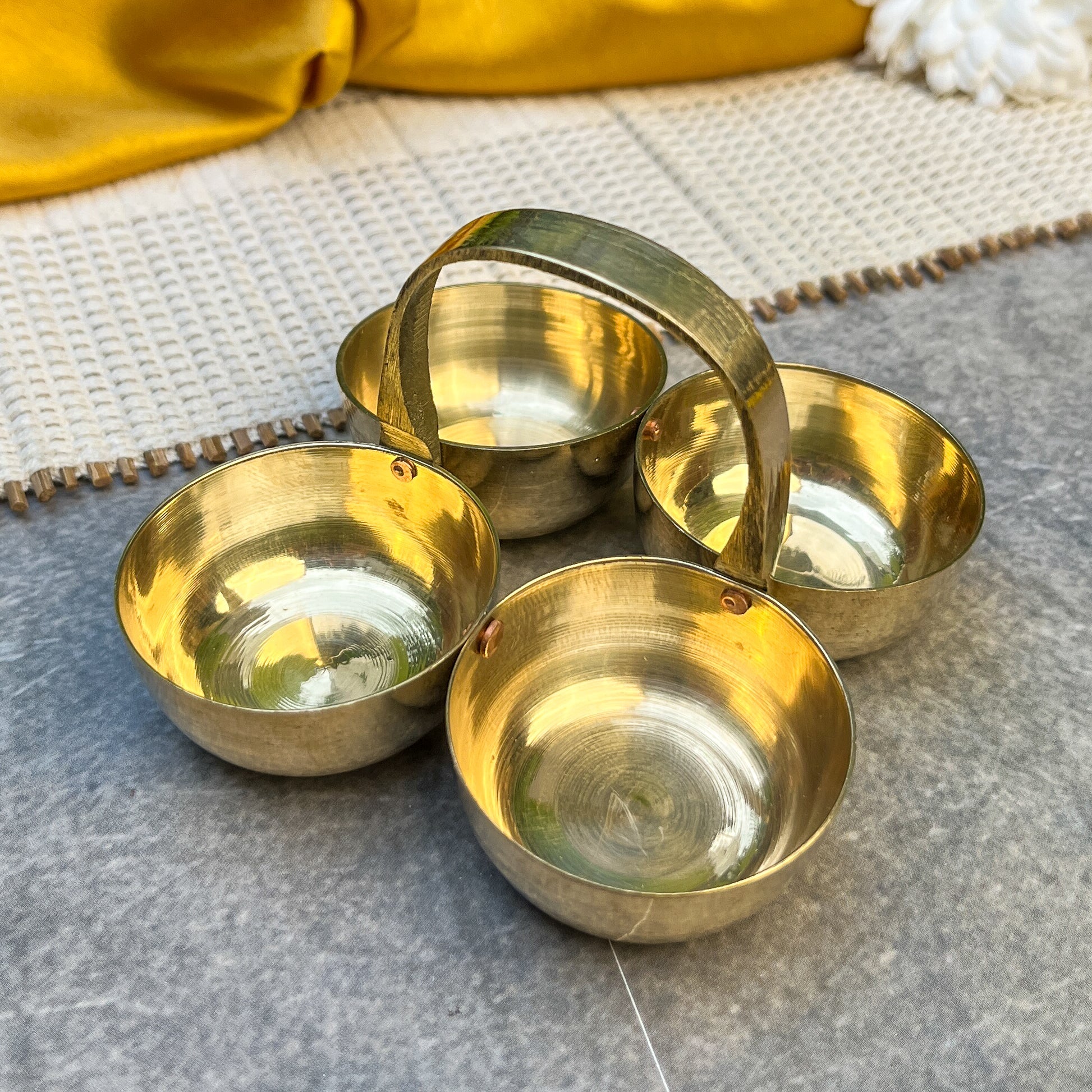 AMBI Brass Chowmukh Chawal, Roli, Haldi, Kumkum Holder for Pooja / Temple - Small