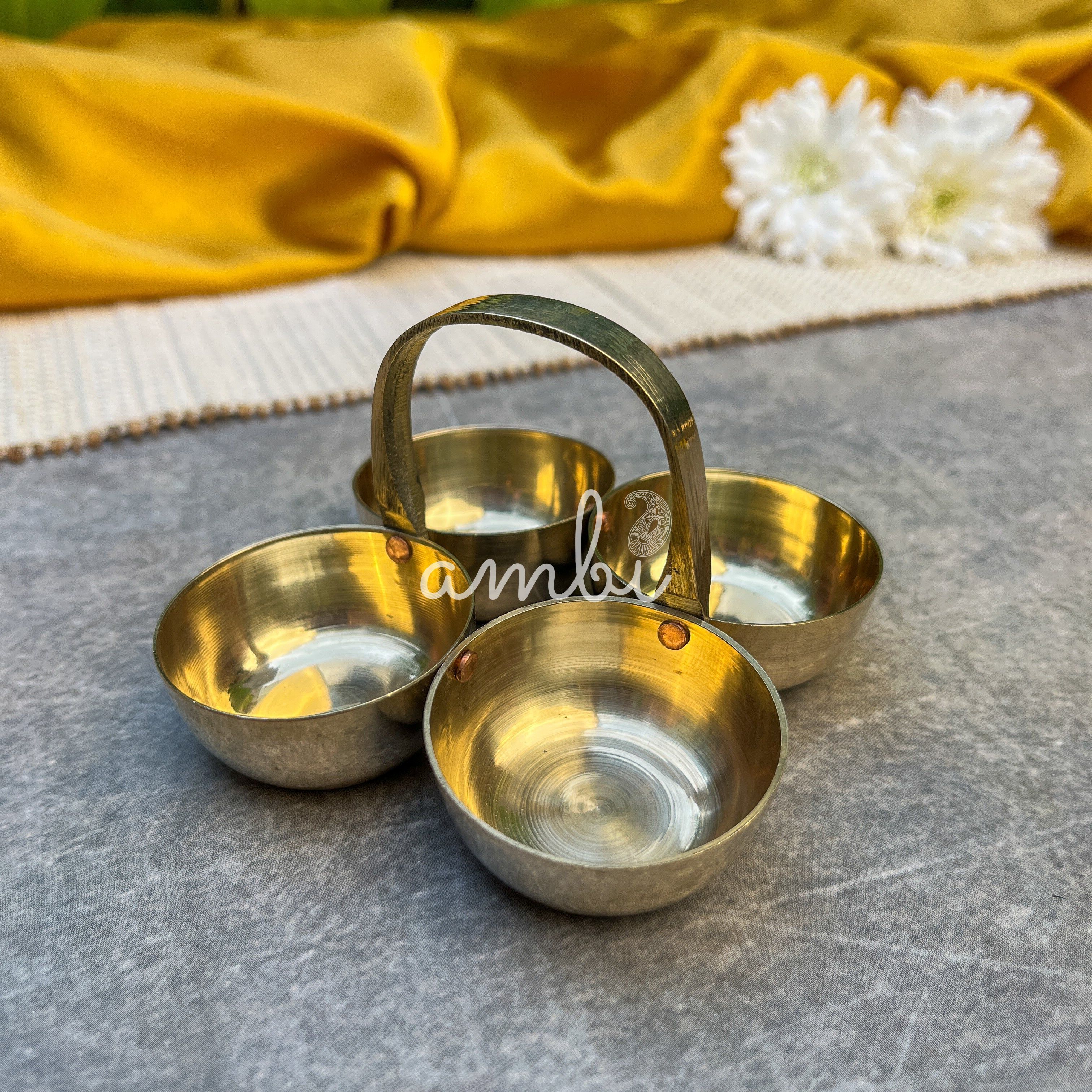AMBI Brass Chowmukh Chawal, Roli, Haldi, Kumkum Holder for Pooja / Temple - Medium