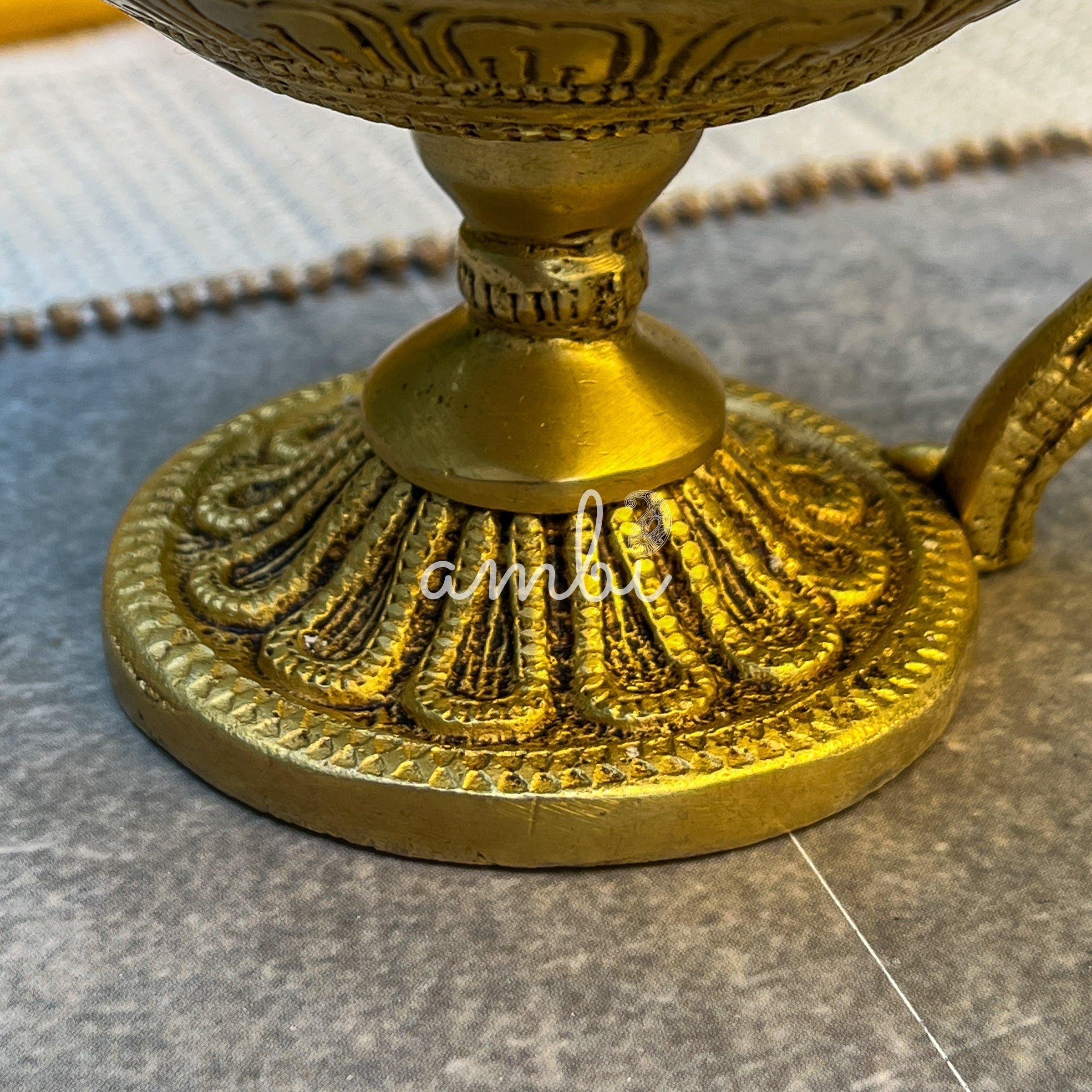 Pure Brass Antique Look Dhoop Puja Aarti Diya with Handle - Heavy Make