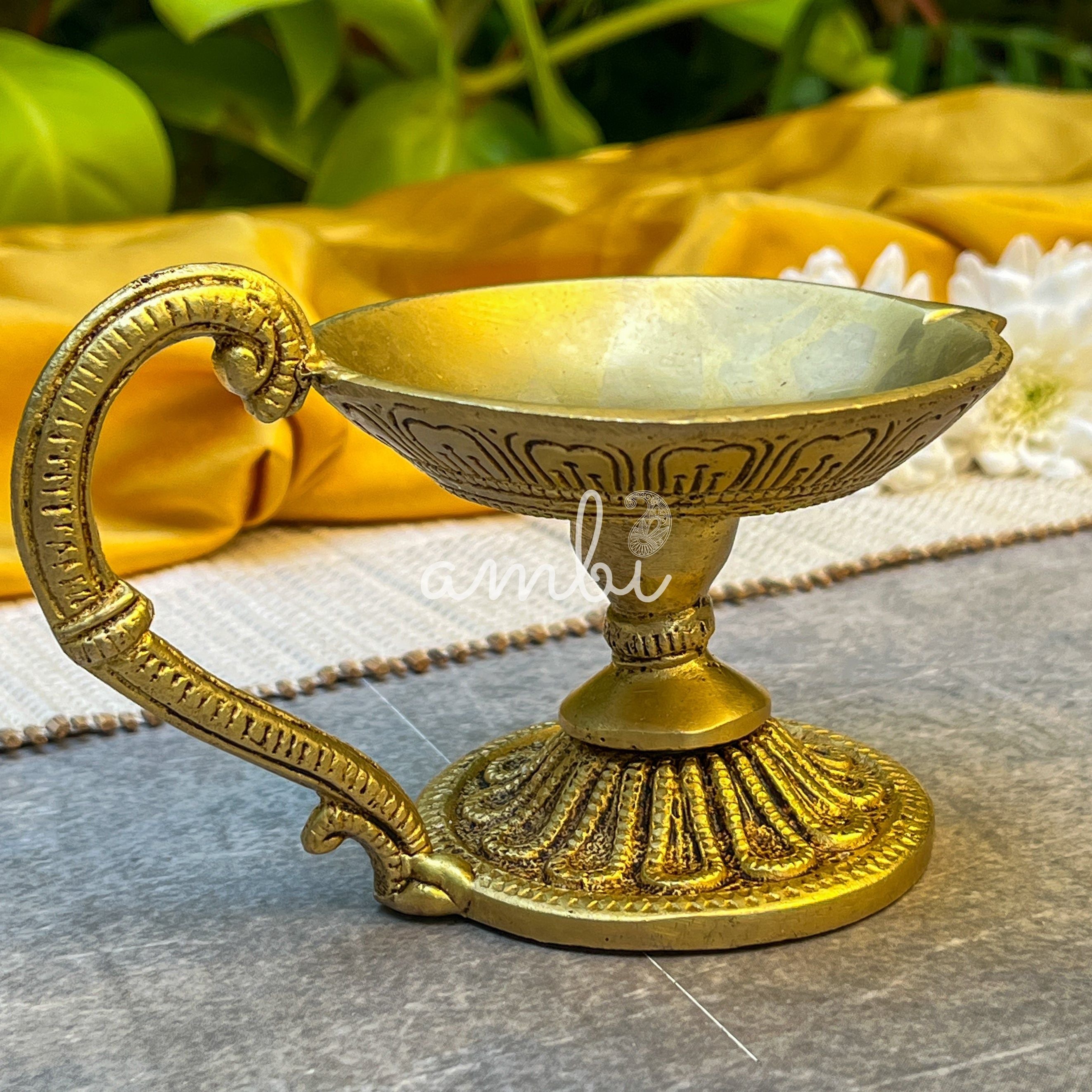 Pure Brass Antique Look Dhoop Puja Aarti Diya with Handle - Heavy Make