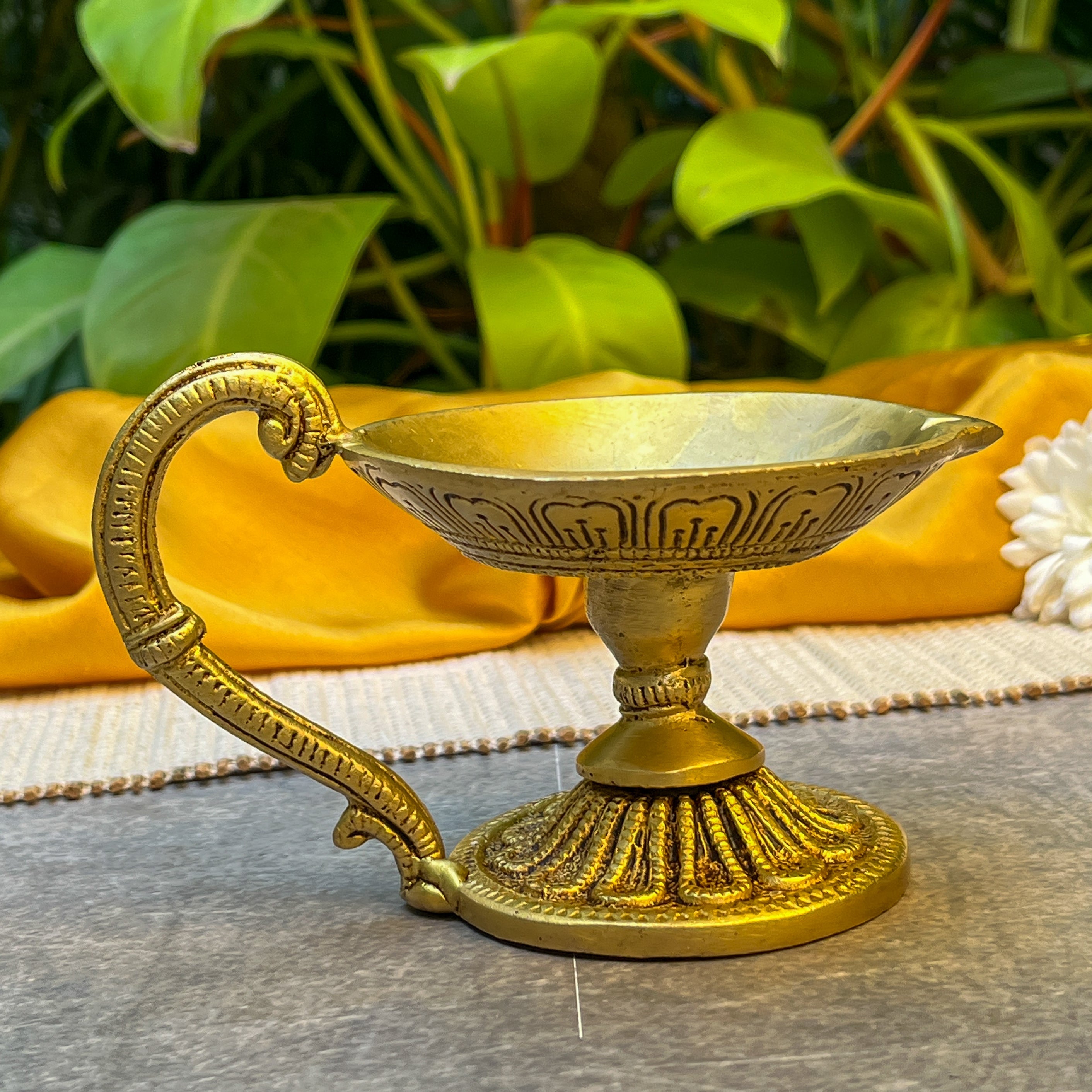 Pure Brass Antique Look Dhoop Puja Aarti Diya with Handle - Heavy Make