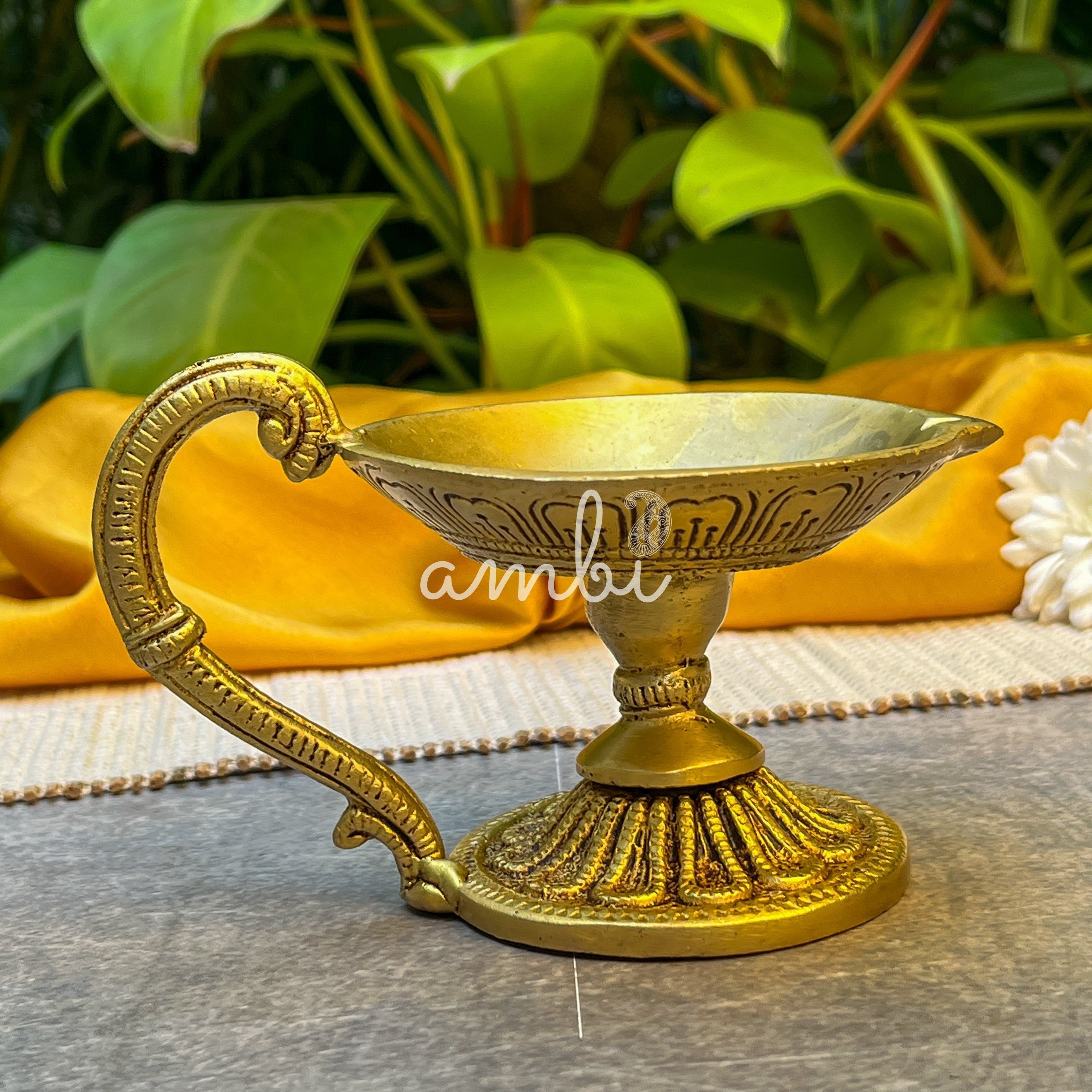 Pure Brass Antique Look Dhoop Puja Aarti Diya with Handle - Heavy Make