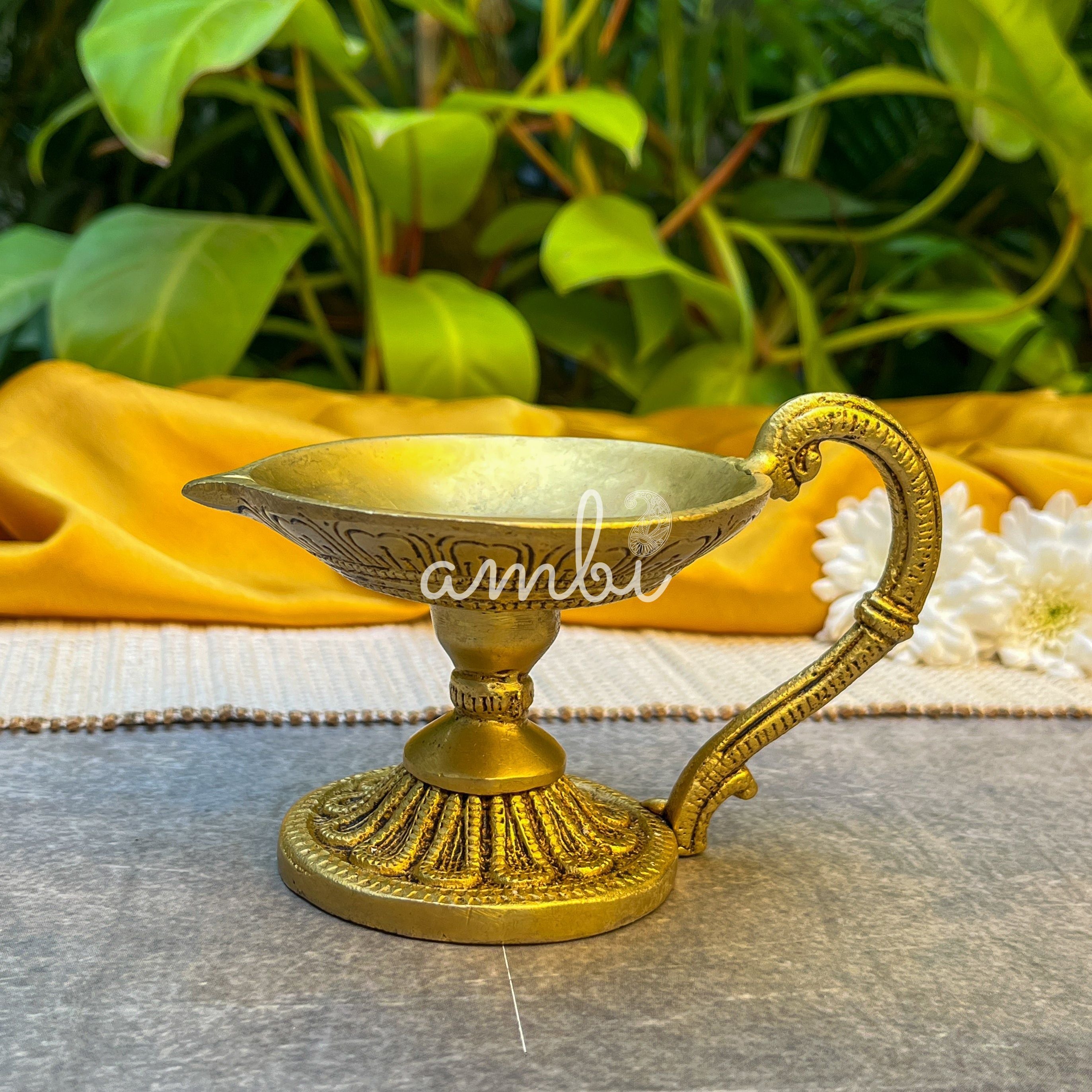 Pure Brass Antique Look Dhoop Puja Aarti Diya with Handle - Heavy Make