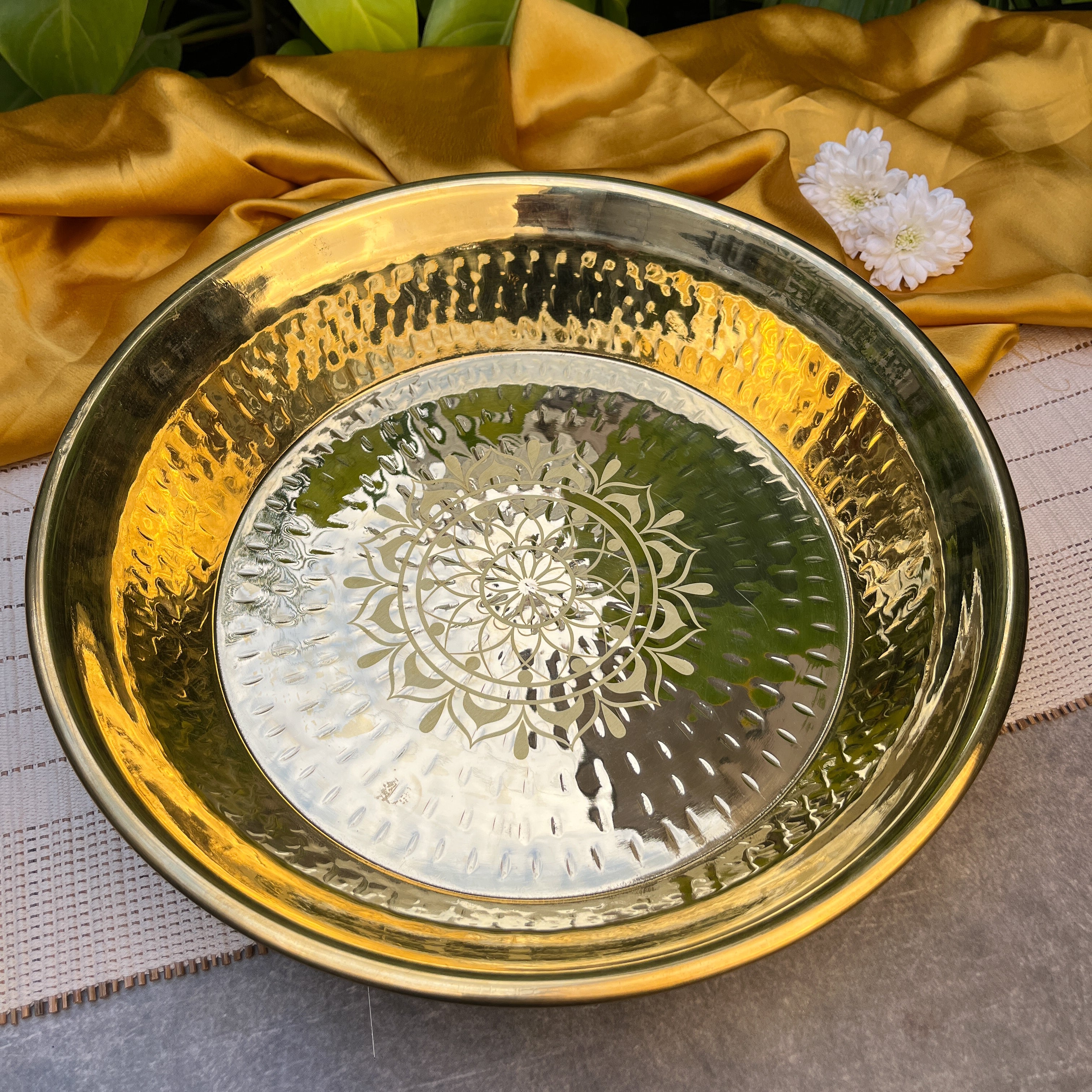 Ambi 100% Pure Brass Traditional Mandala Etched Parat - 14 Inches diameter