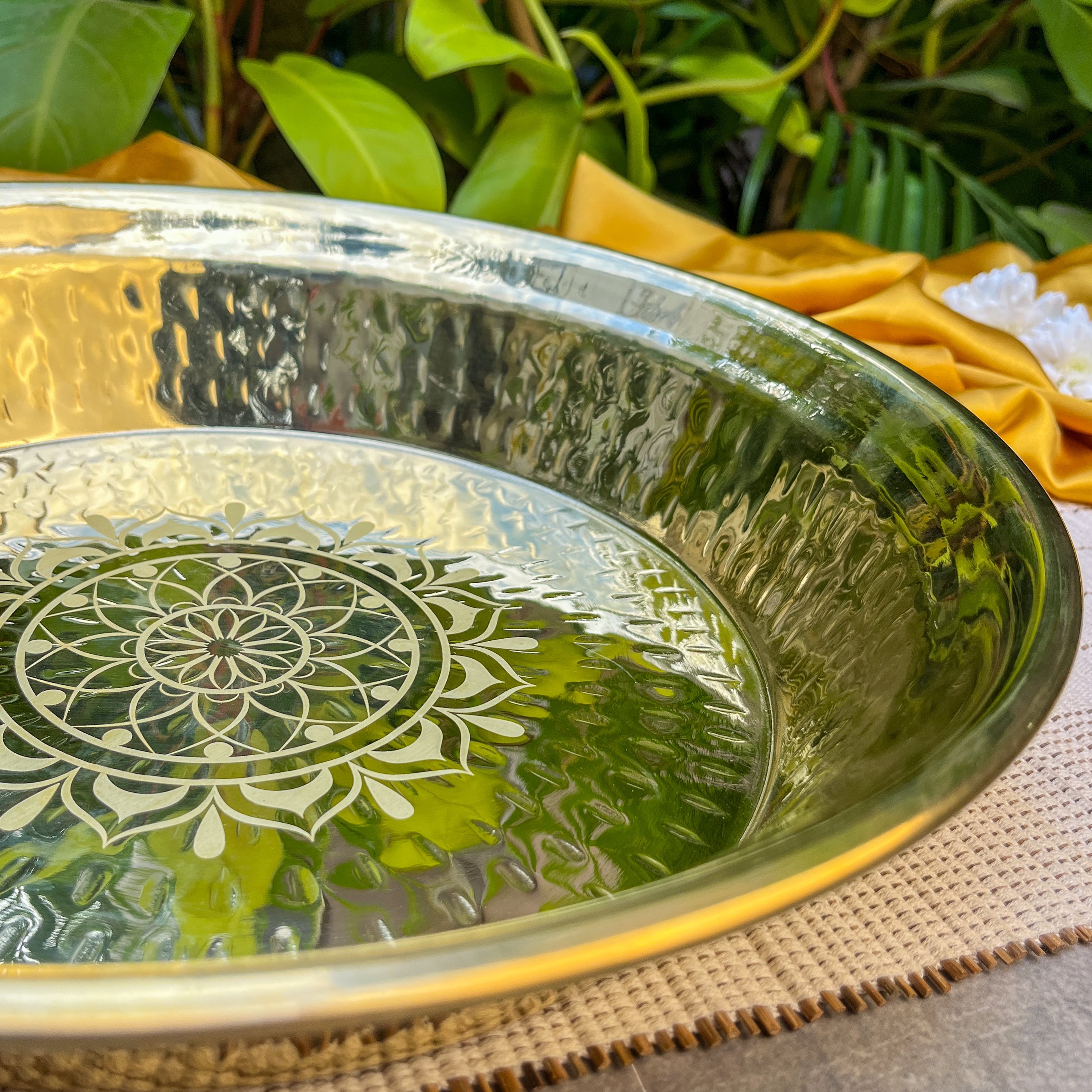 Ambi 100% Pure Brass Traditional Mandala Etched Parat - 14 Inches diameter