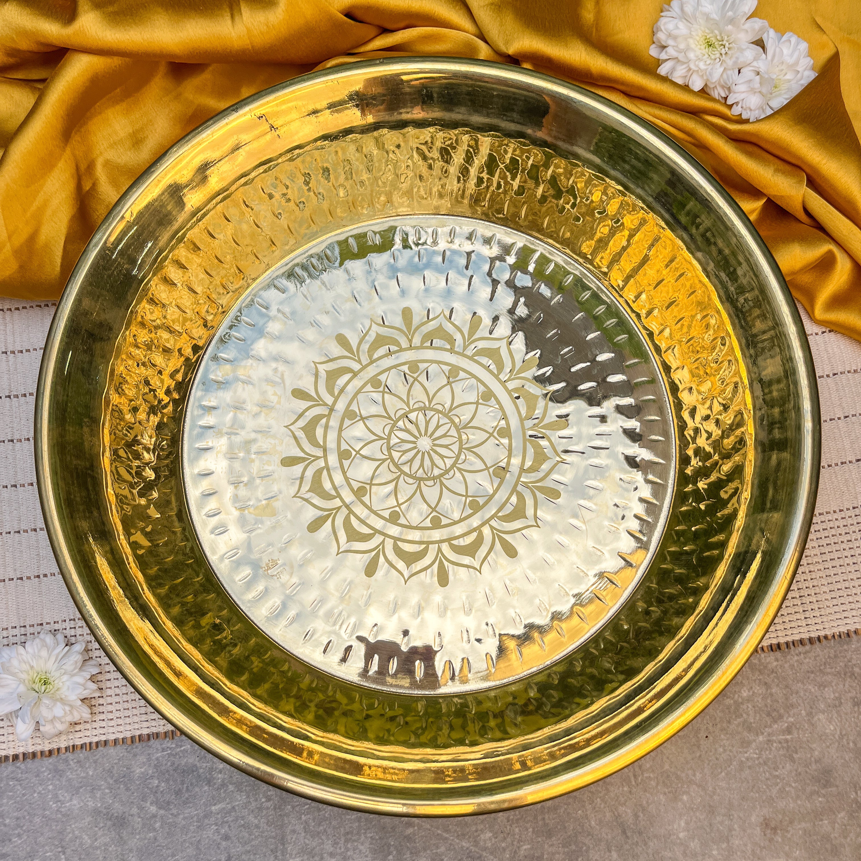 Ambi 100% Pure Brass Traditional Mandala Etched Parat - 14 Inches diameter