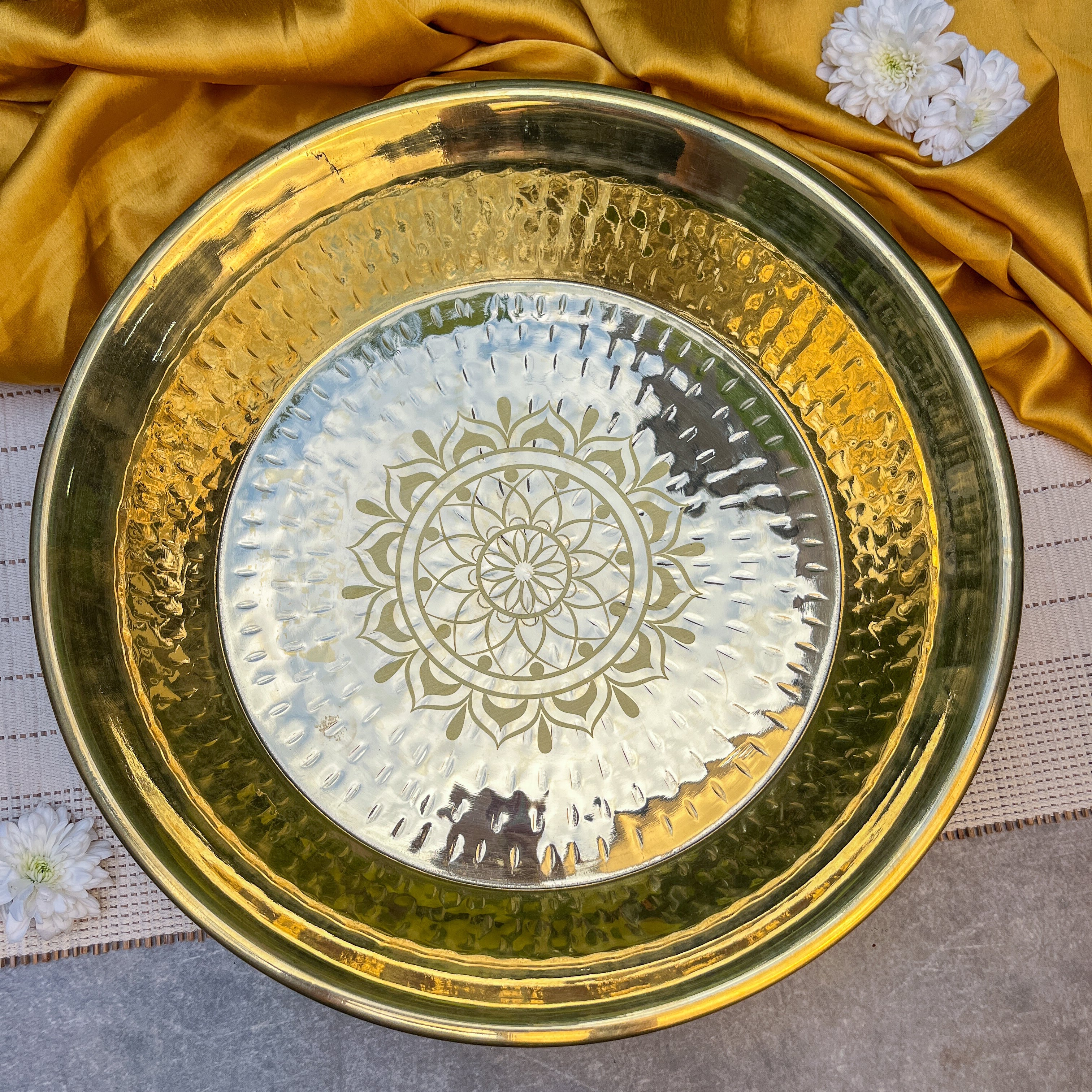 Ambi 100% Pure Brass Traditional Mandala Etched Parat - 14 Inches diameter