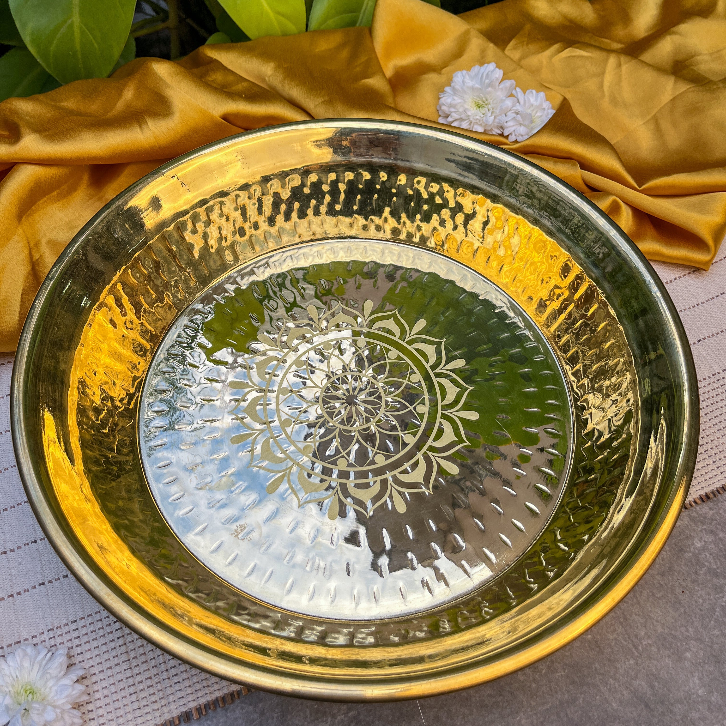 Ambi 100% Pure Brass Traditional Mandala Etched Parat - 14 Inches diameter