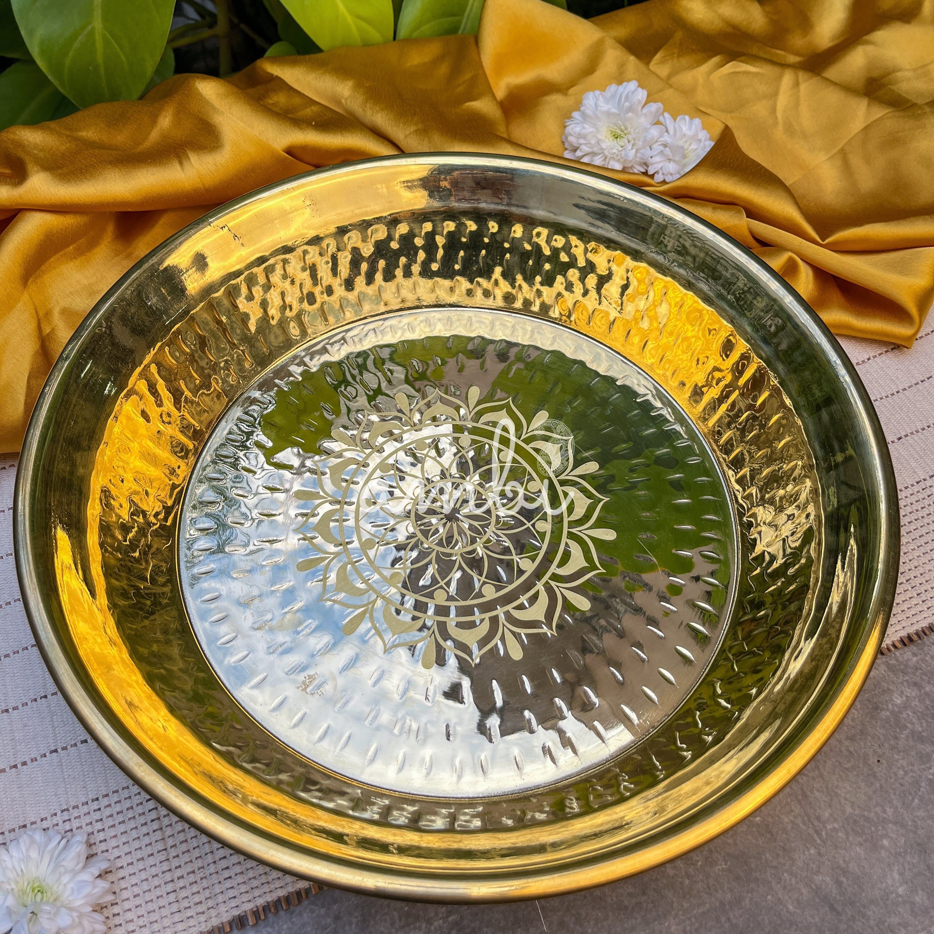 Ambi 100% Pure Brass Traditional Mandala Etched Parat - 13 inches diameter