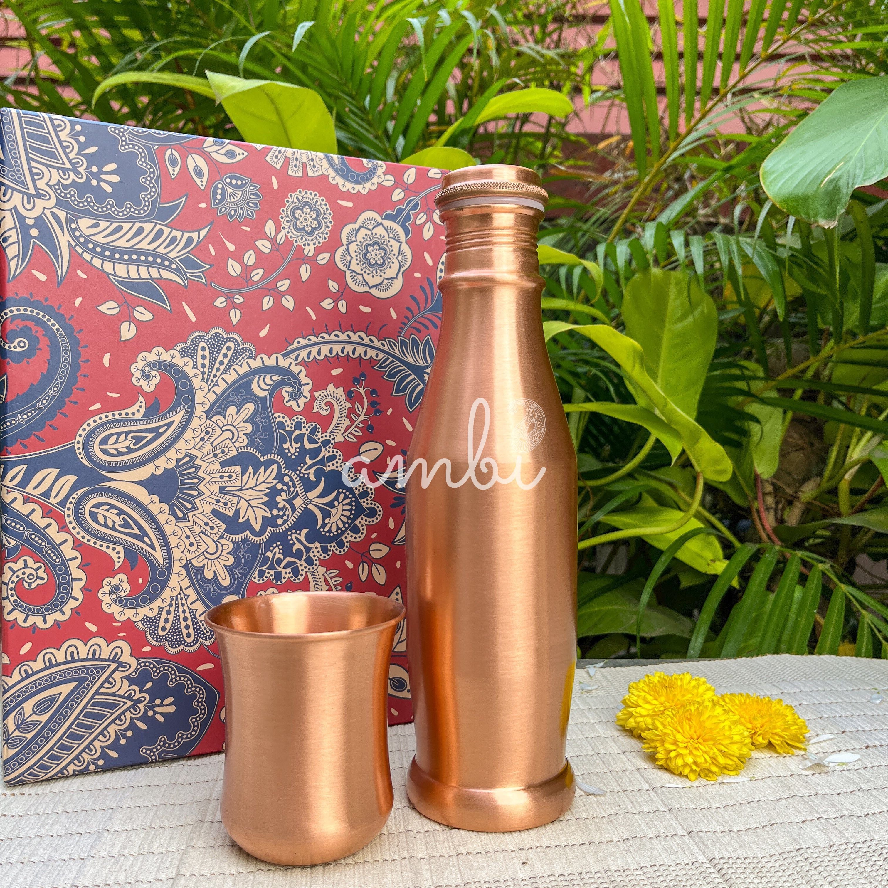 Ambi Pure Copper Bottle & Glass Set with Gift Box – Traditional Elegance (1 Bottle + 1 Glasses)