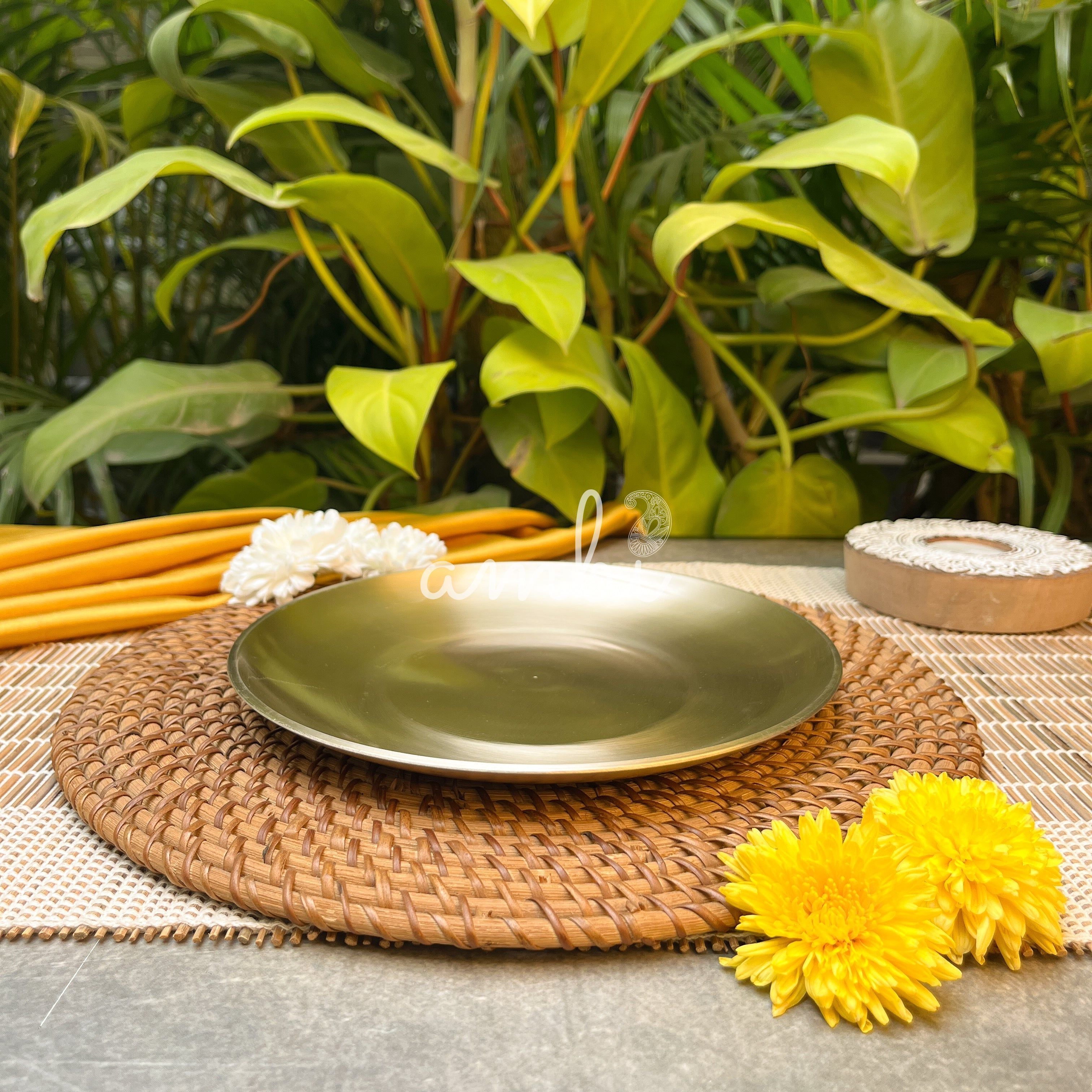 AMBI 100% Pure Lead Free Kansa Pasta Plate / Thali / Pooja Plate / Kids Plate - 8 Inch