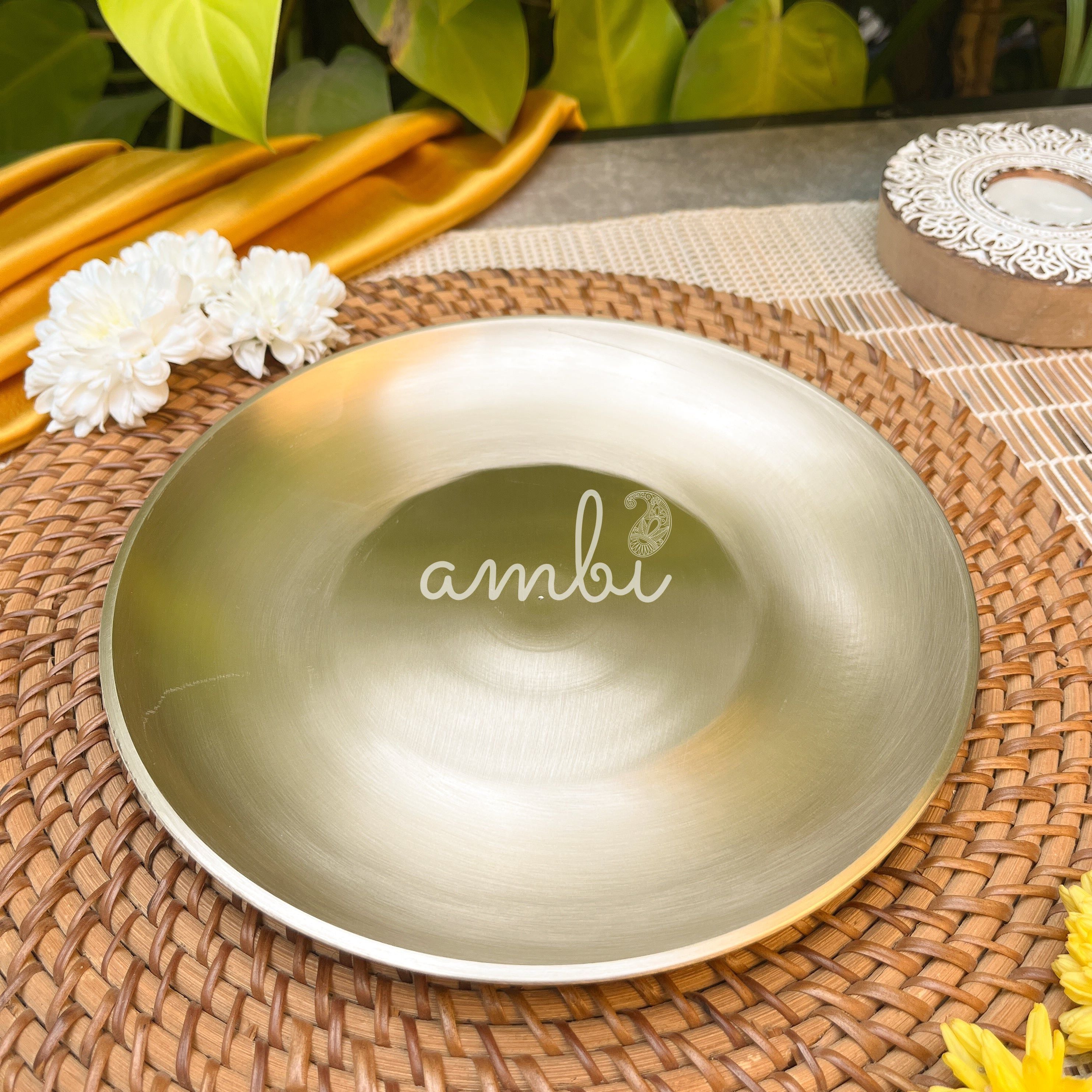 AMBI 100% Pure Lead Free Kansa Pasta Plate / Thali / Pooja Plate / Kids Plate - 8 Inch