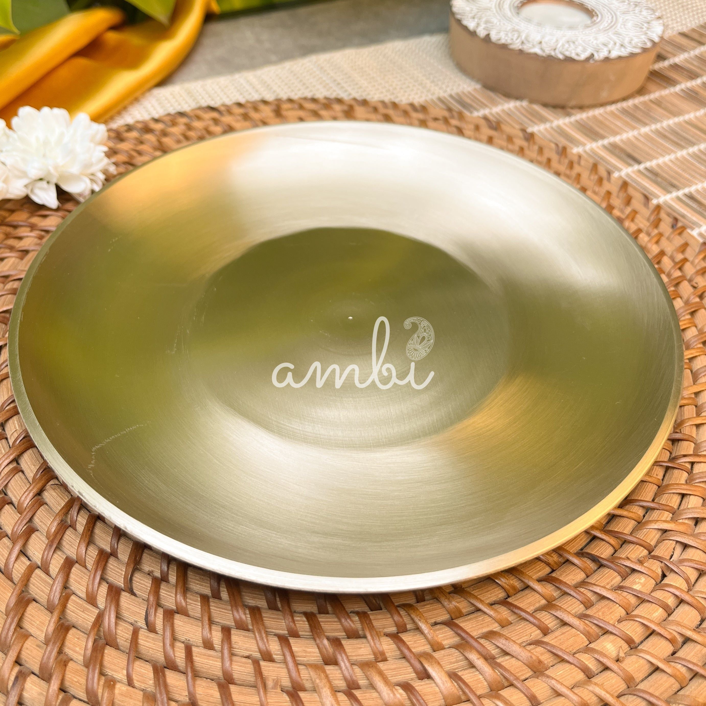 AMBI 100% Pure Lead Free Kansa Pasta Plate / Thali / Pooja Plate / Kids Plate - 8 Inch