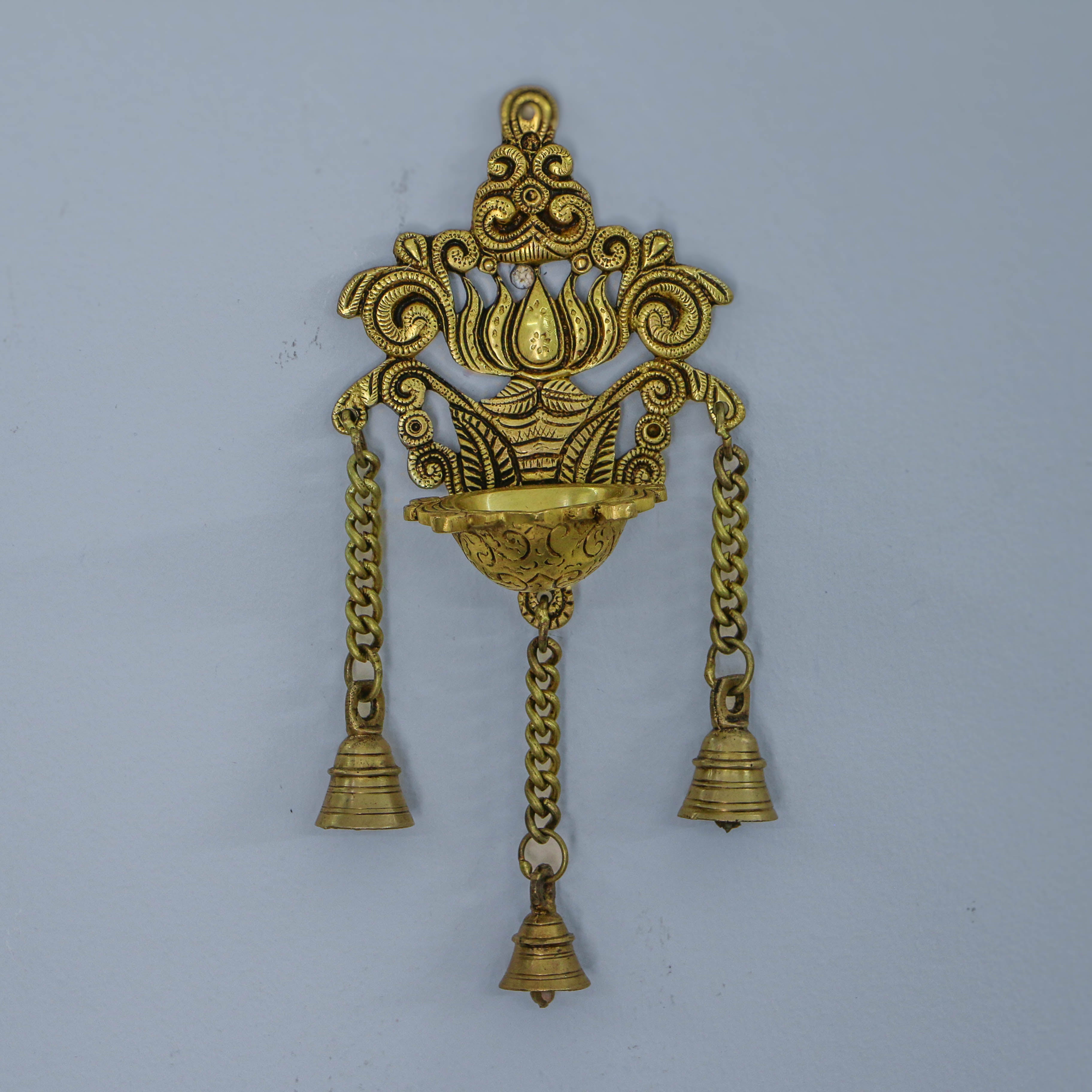 Pure Brass Antique Style Hanging Diya with Bells