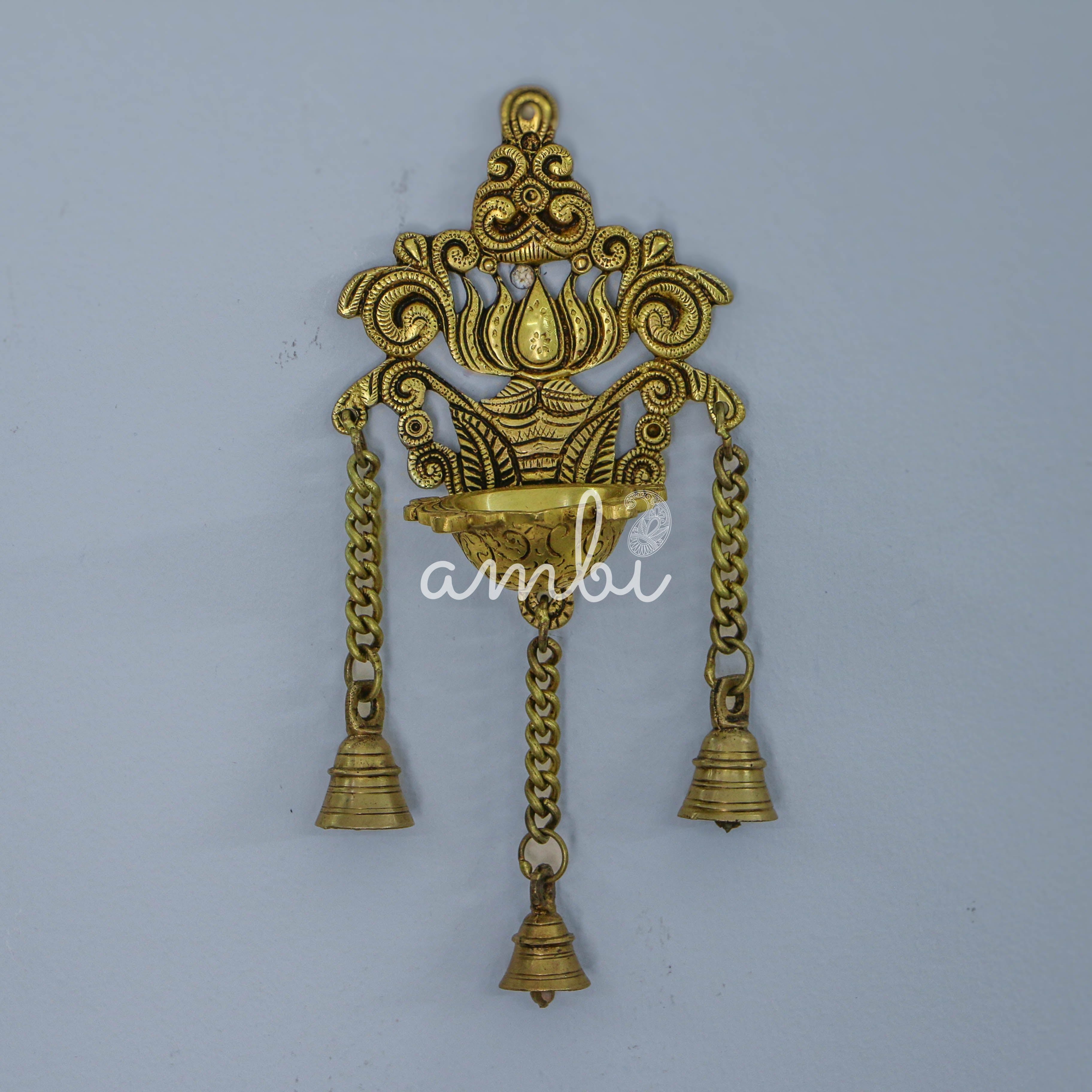 Pure Brass Antique Style Hanging Diya with Bells