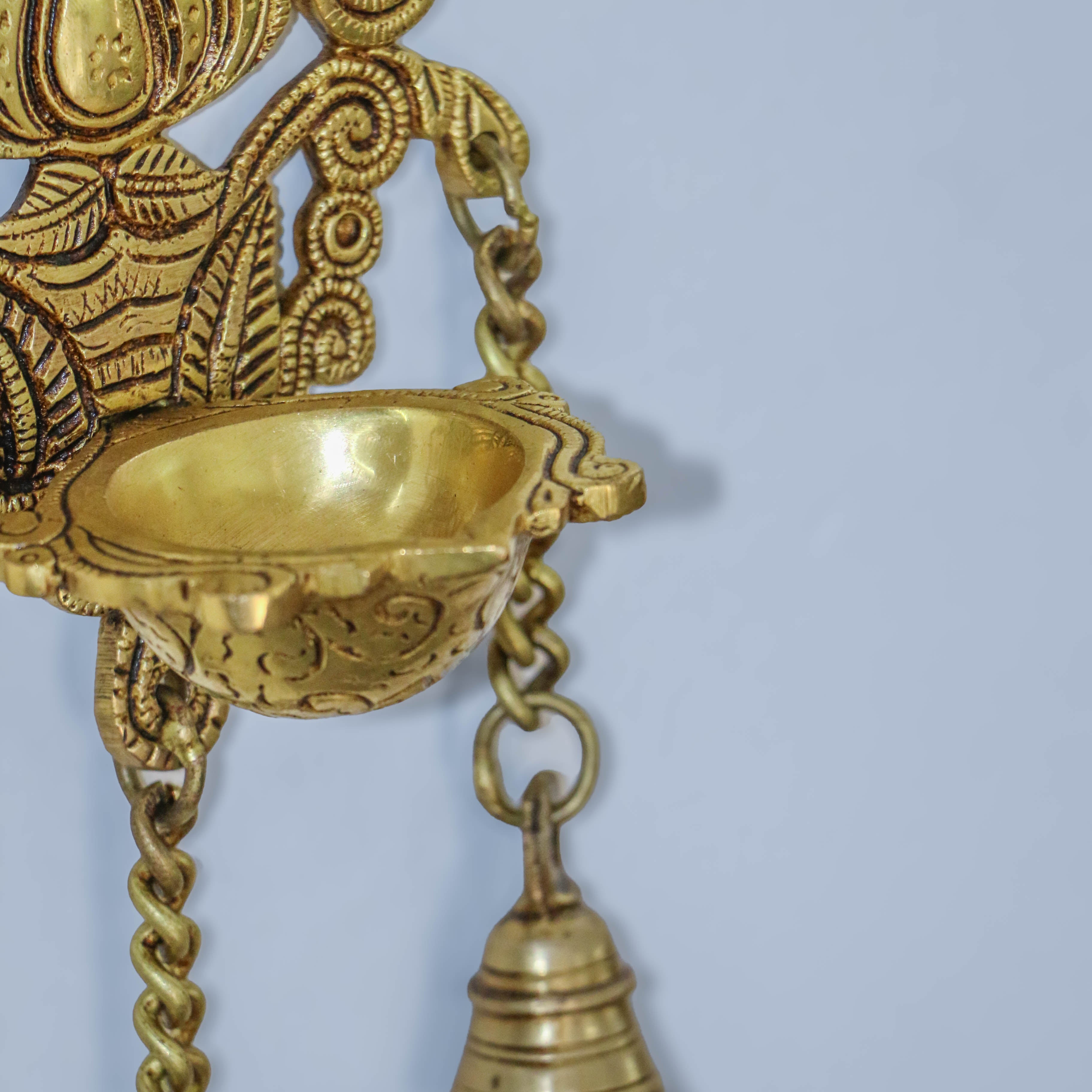 Pure Brass Antique Style Hanging Diya with Bells