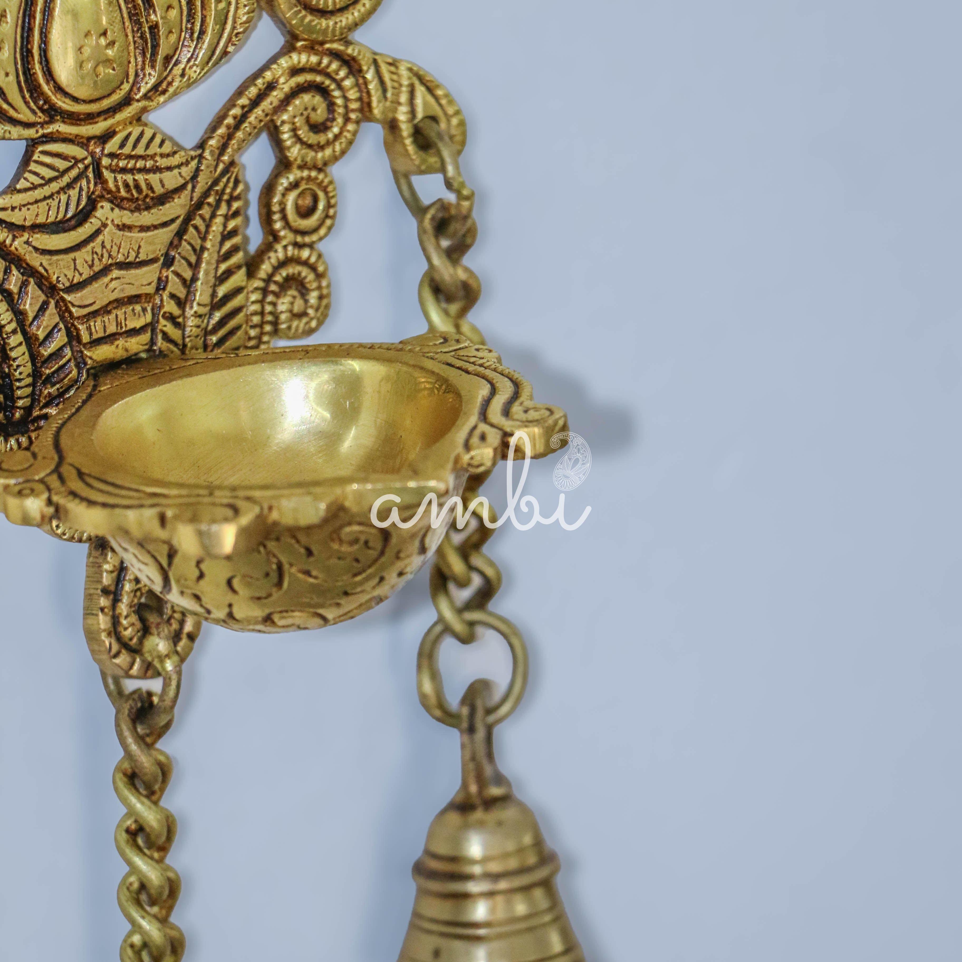 Pure Brass Antique Style Hanging Diya with Bells
