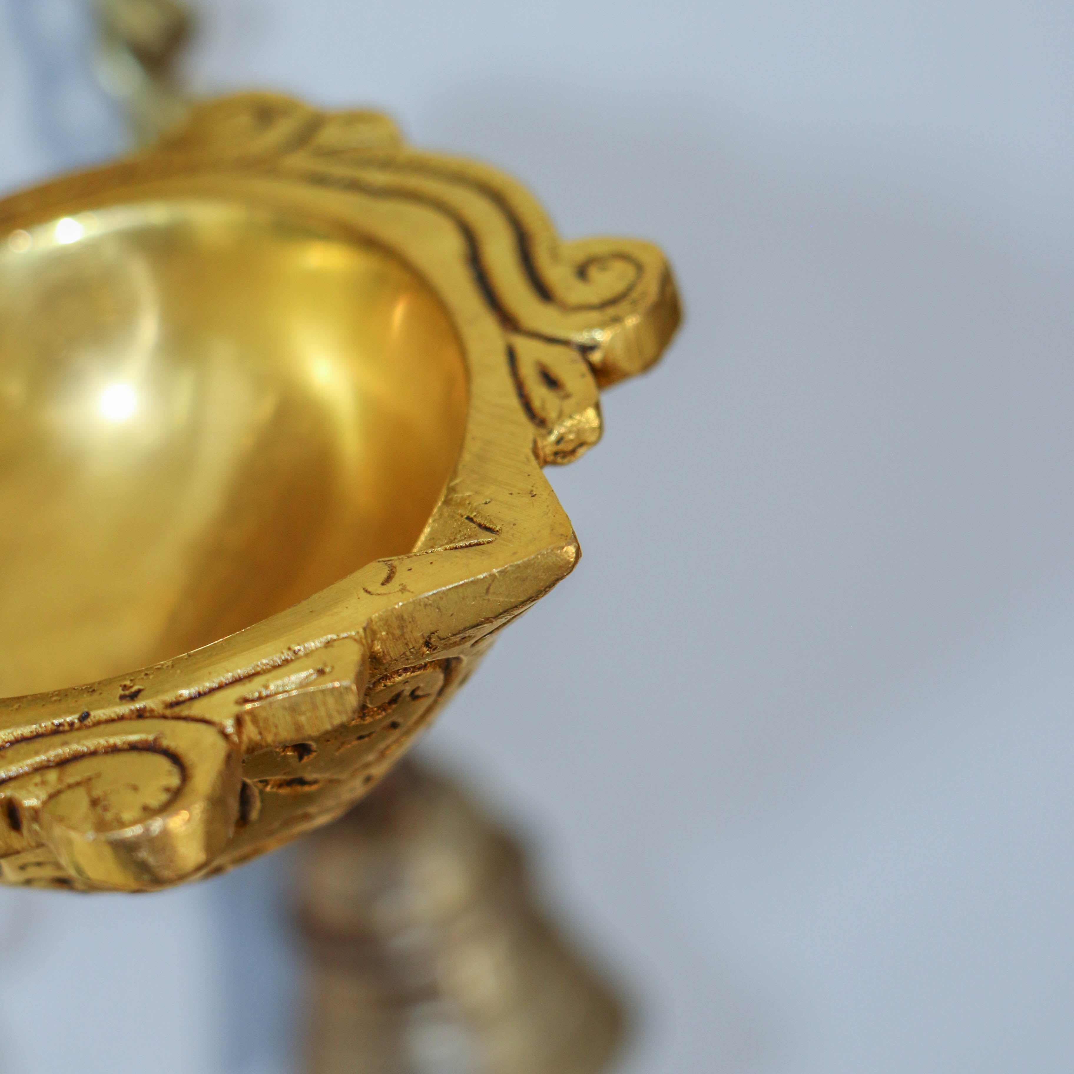 Pure Brass Antique Style Hanging Diya with Bells