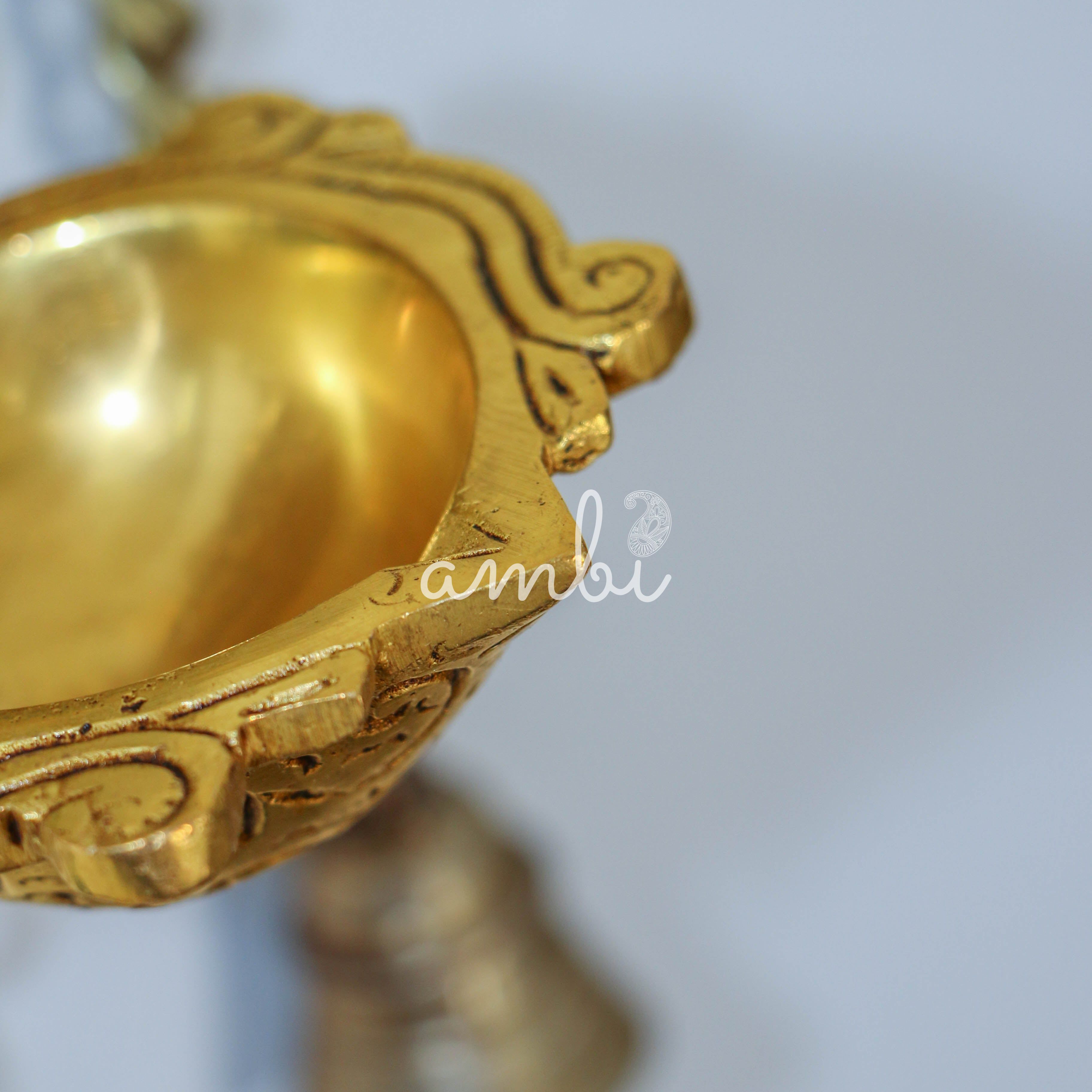 Pure Brass Antique Style Hanging Diya with Bells