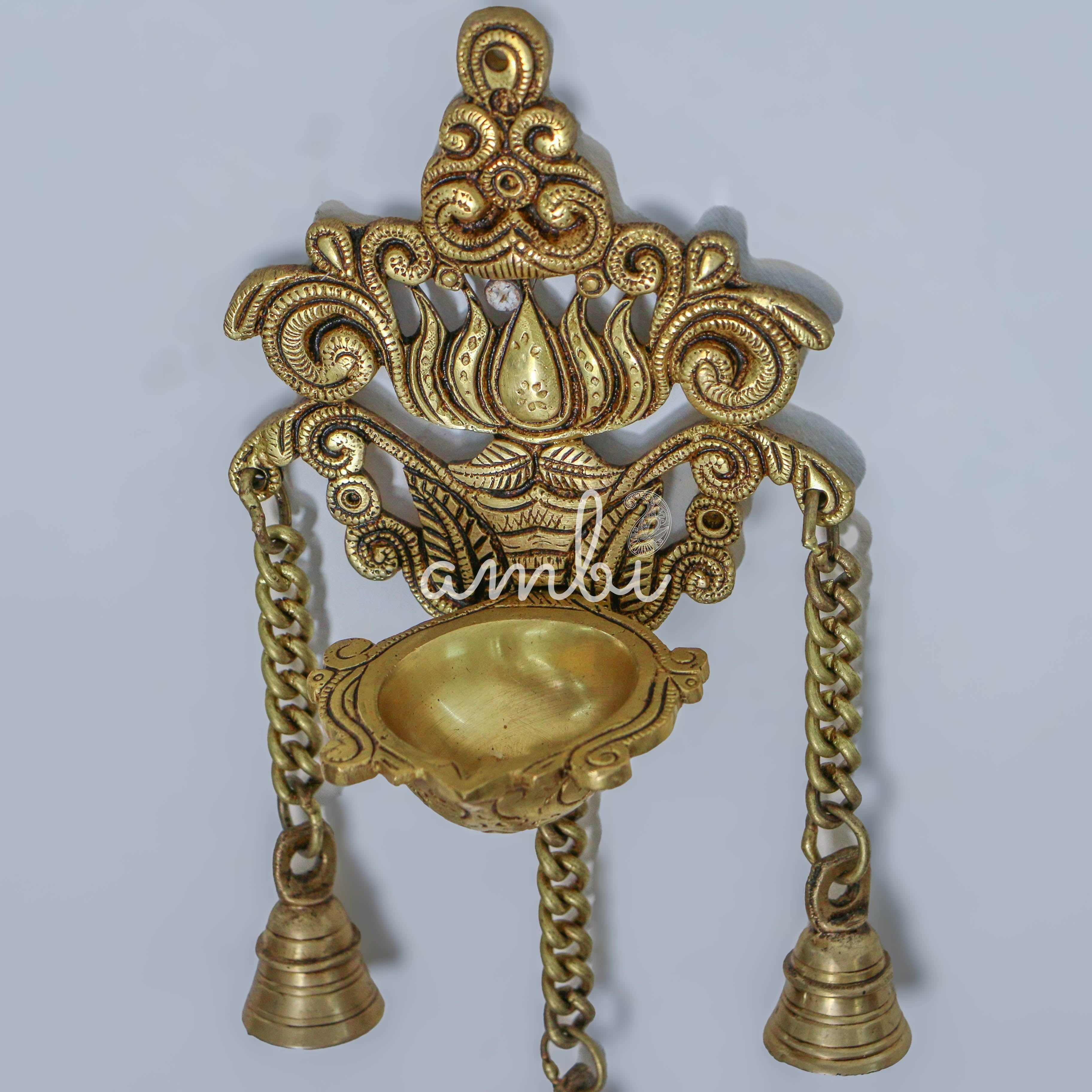 Pure Brass Antique Style Hanging Diya with Bells