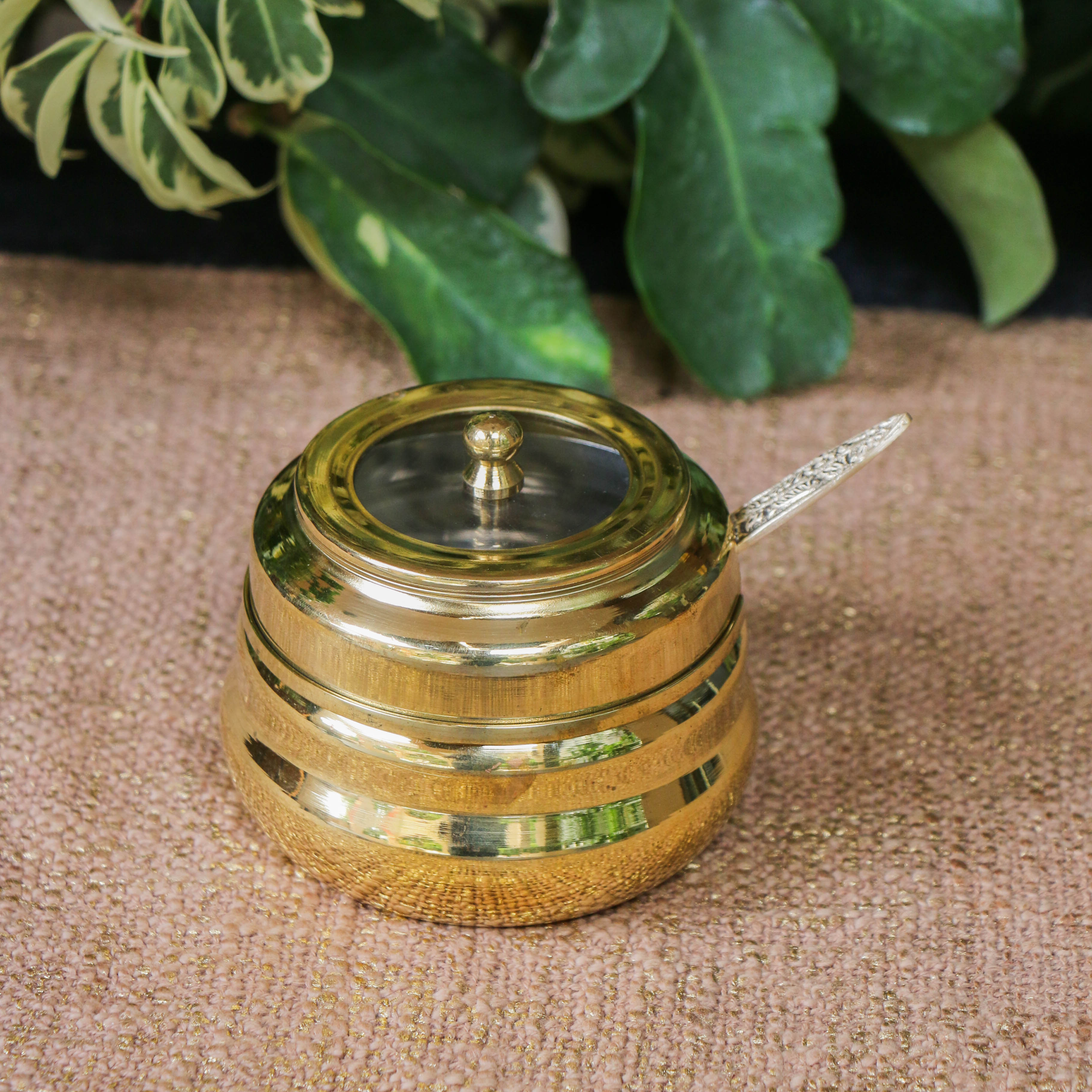 Pure Brass Ghee Pot With Spoon - Transparent Top with Protective Tin Coating 'Kalai' on the inside