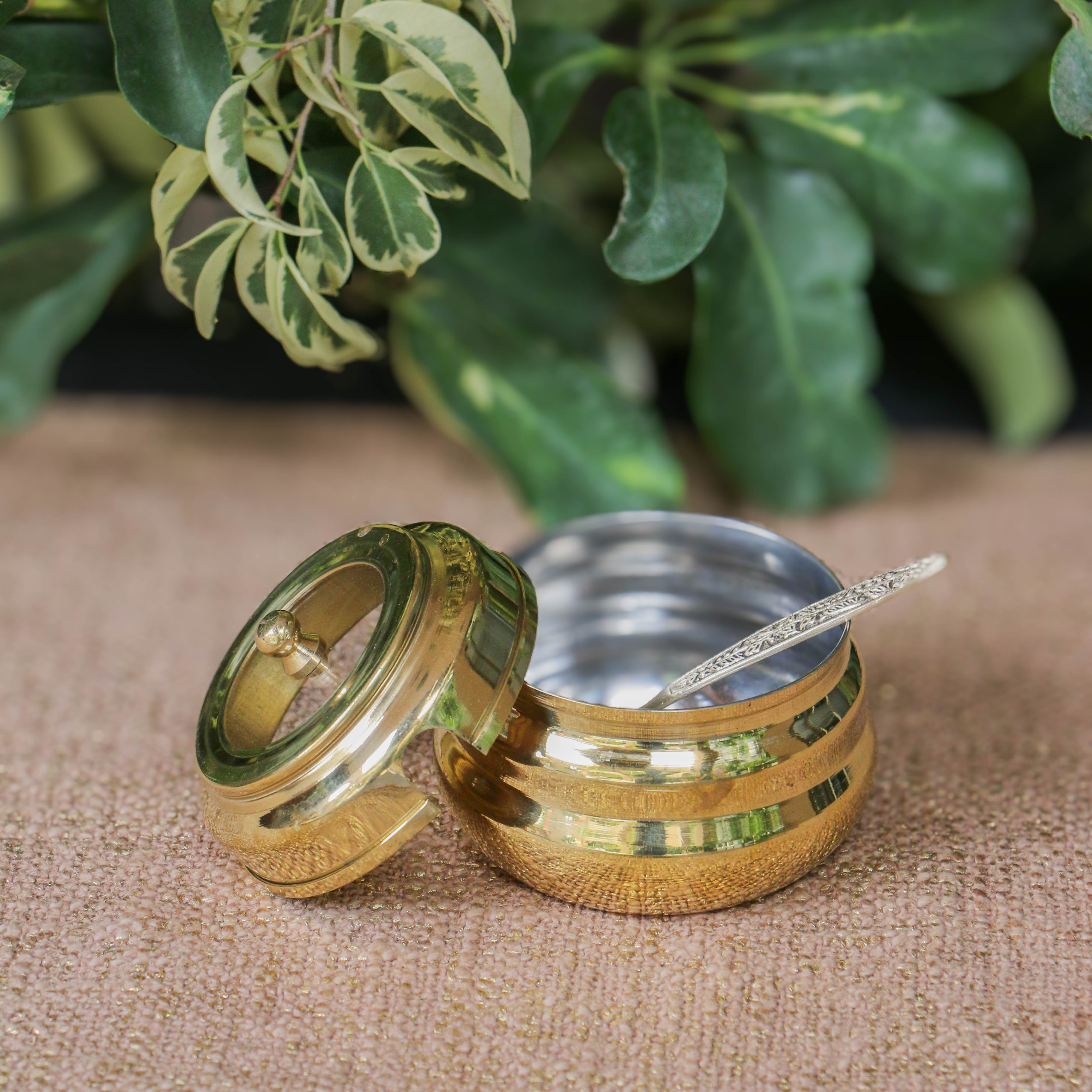 Pure Brass Ghee Pot With Spoon - Transparent Top with Protective Tin Coating 'Kalai' on the inside