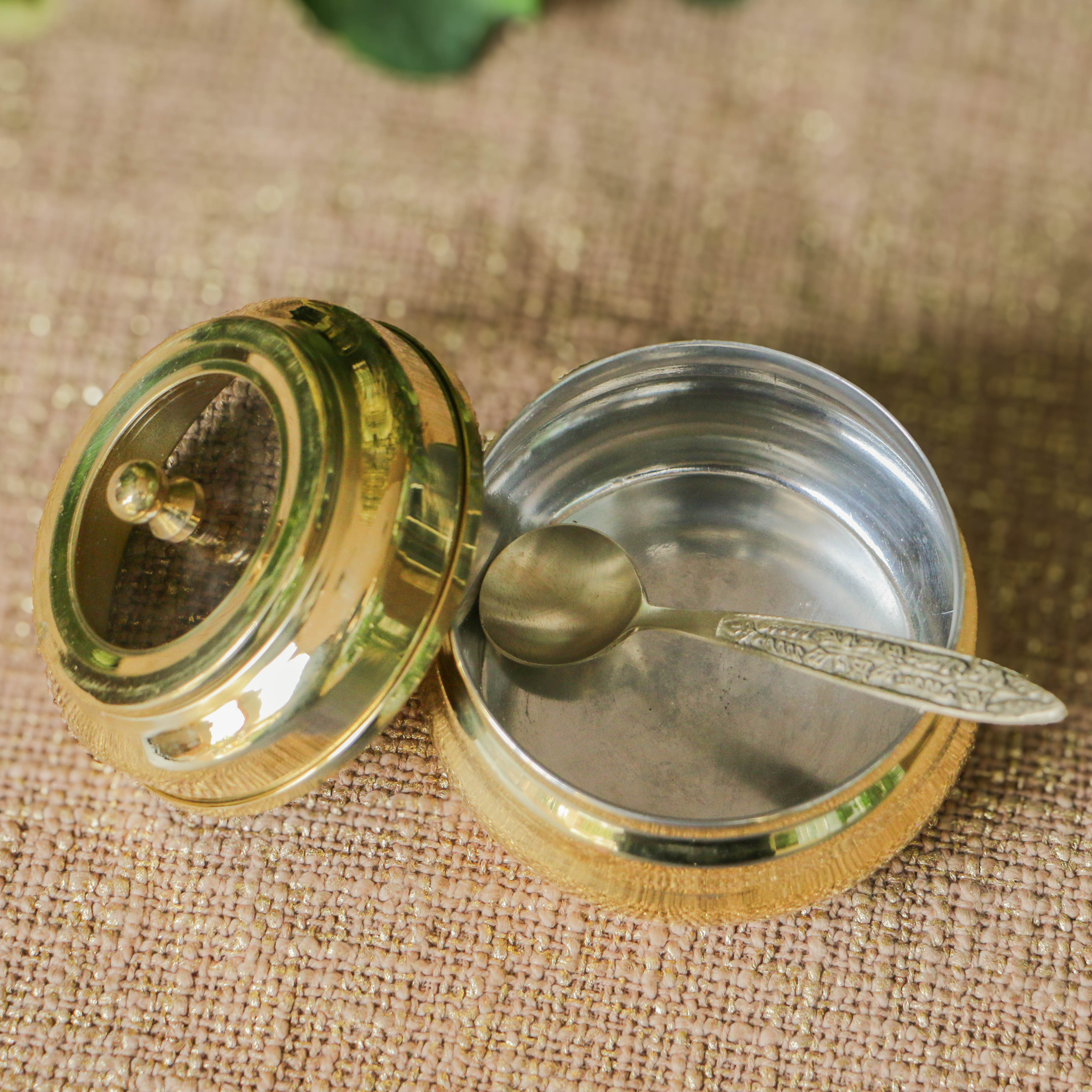 Pure Brass Ghee Pot With Spoon - Transparent Top with Protective Tin Coating 'Kalai' on the inside