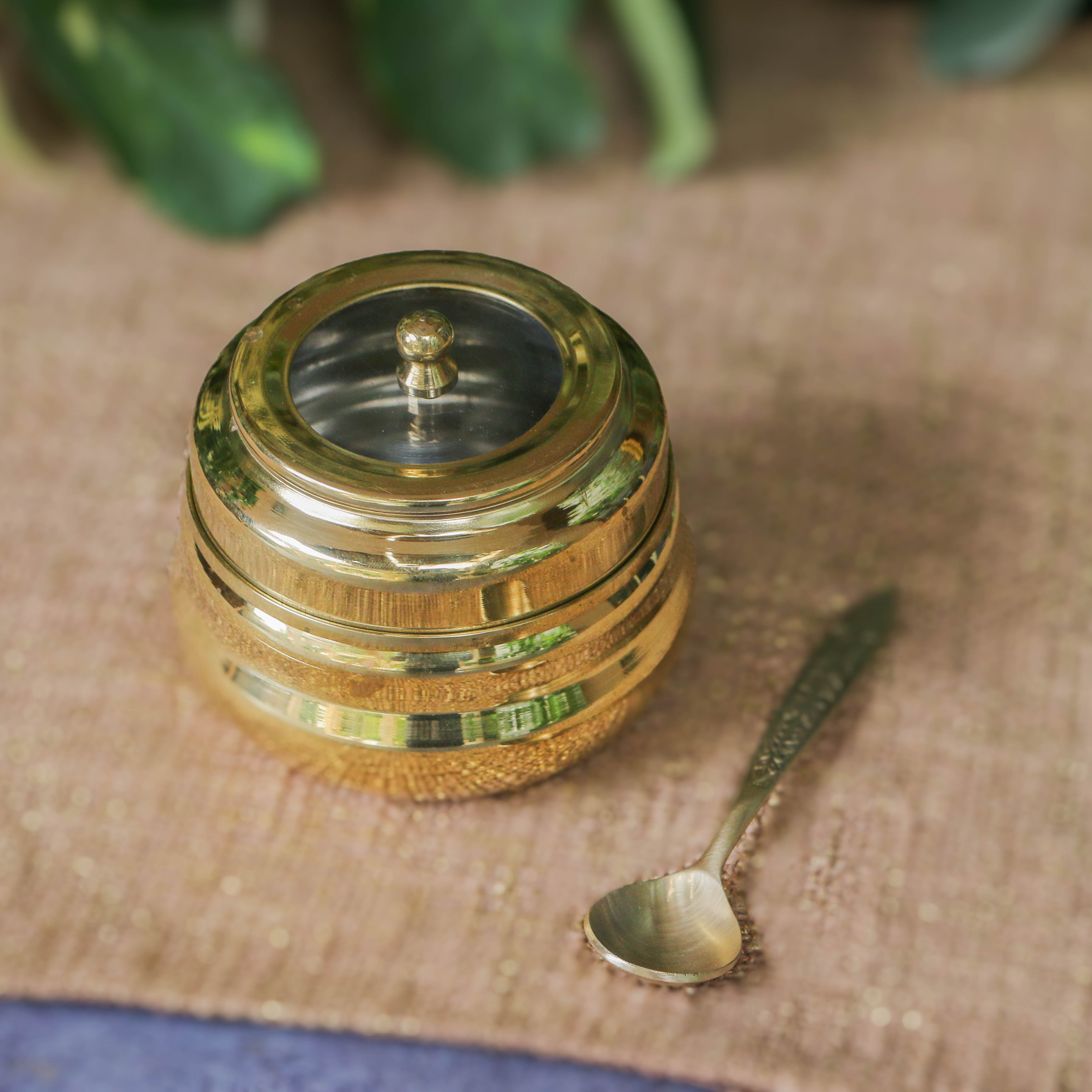 Pure Brass Ghee Pot With Spoon - Transparent Top with Protective Tin Coating 'Kalai' on the inside