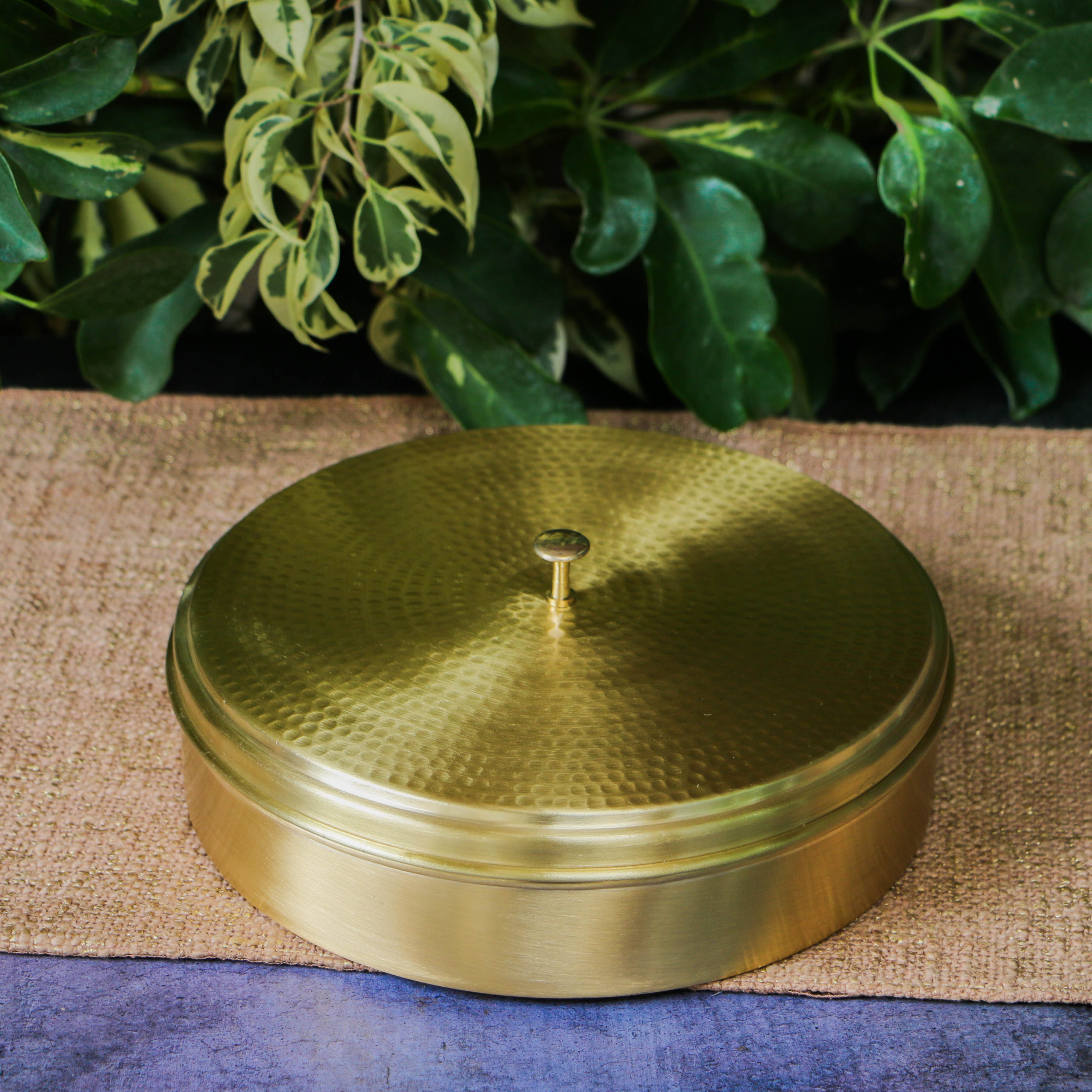 Hammered Top Brass Chapati / Roti Box - 8 Inches Diameter