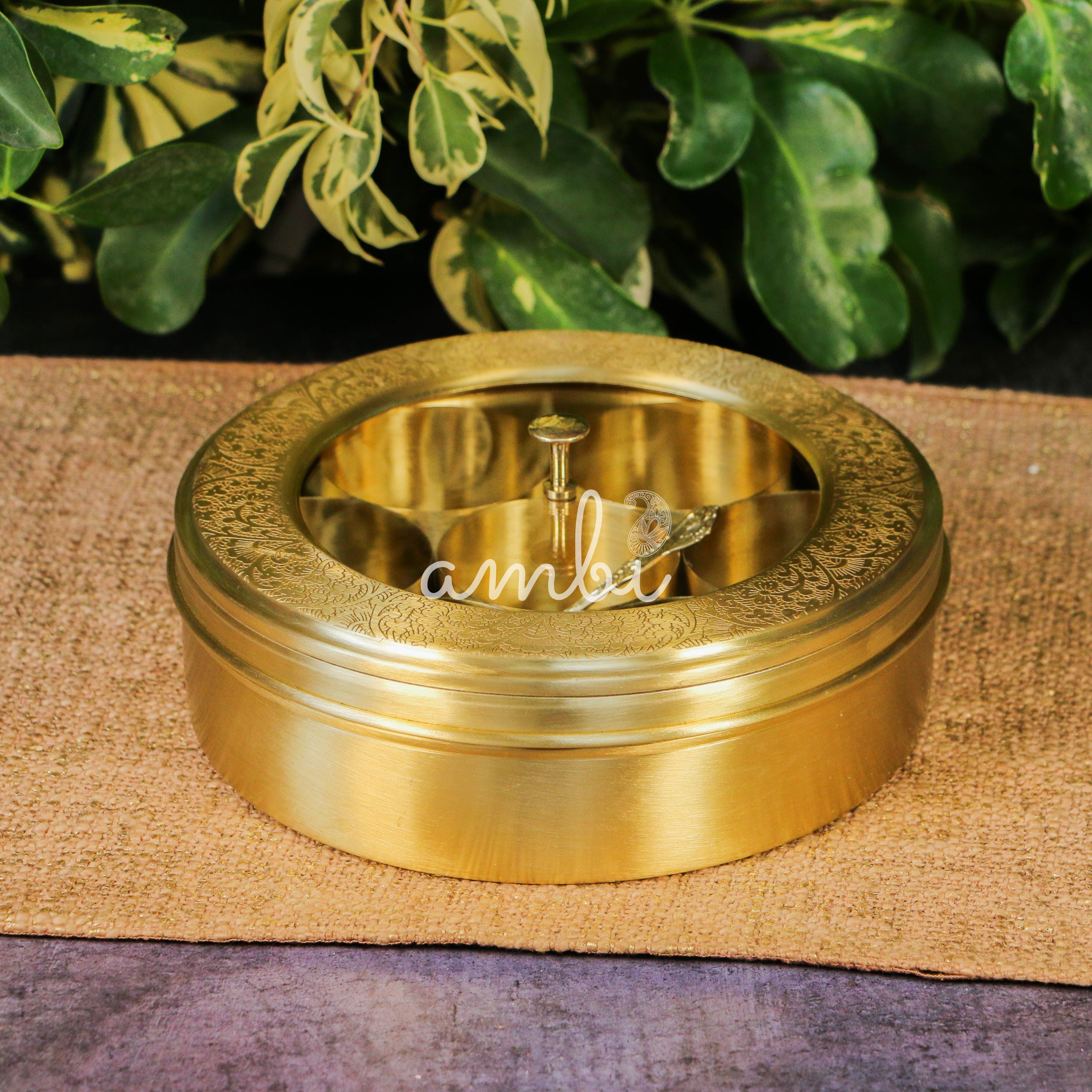 Finely Etched Full Brass Transparent Top 7 Container Spice Box - 8 Inches Diameter