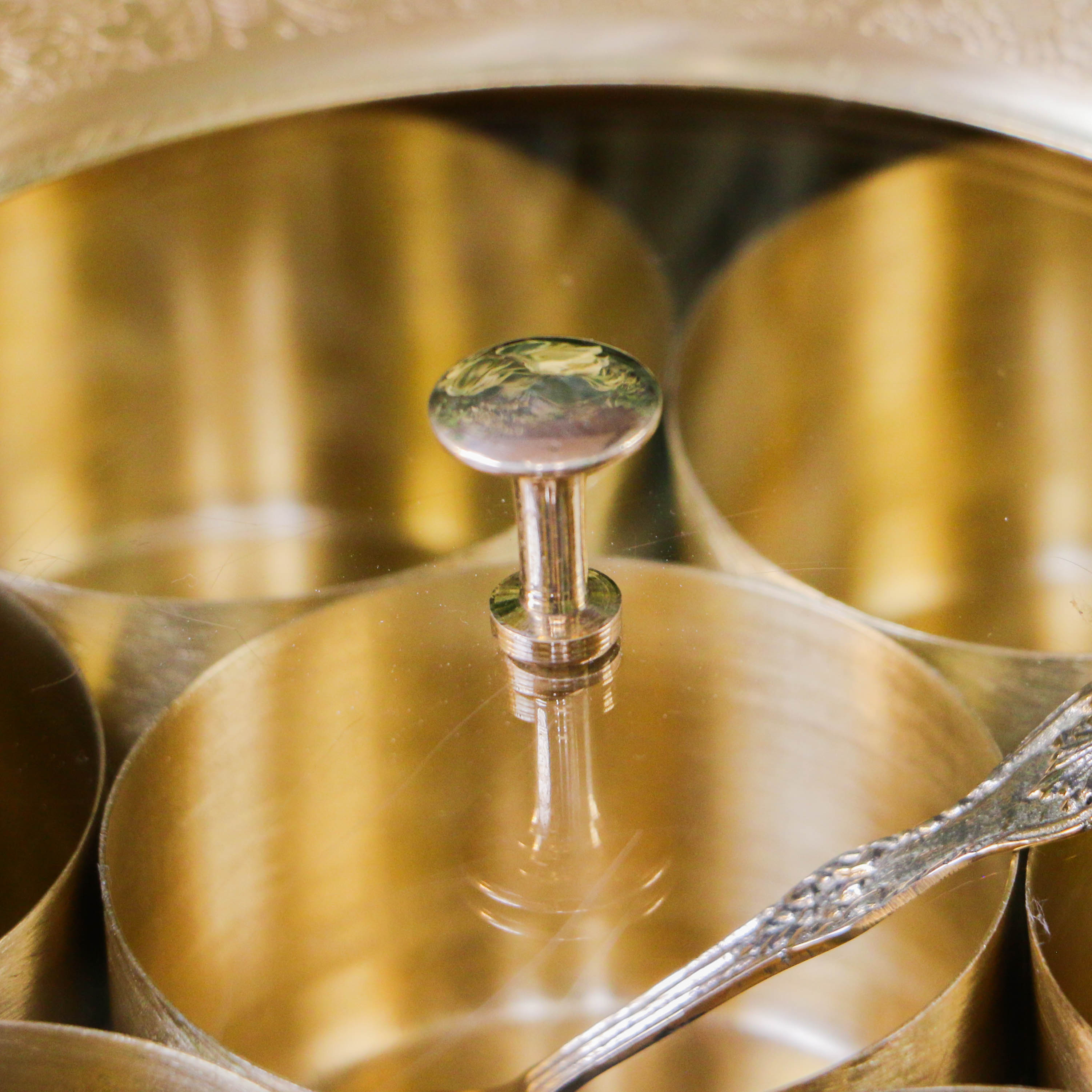 Finely Etched Full Brass Transparent Top 7 Container Spice Box - 8 Inches Diameter