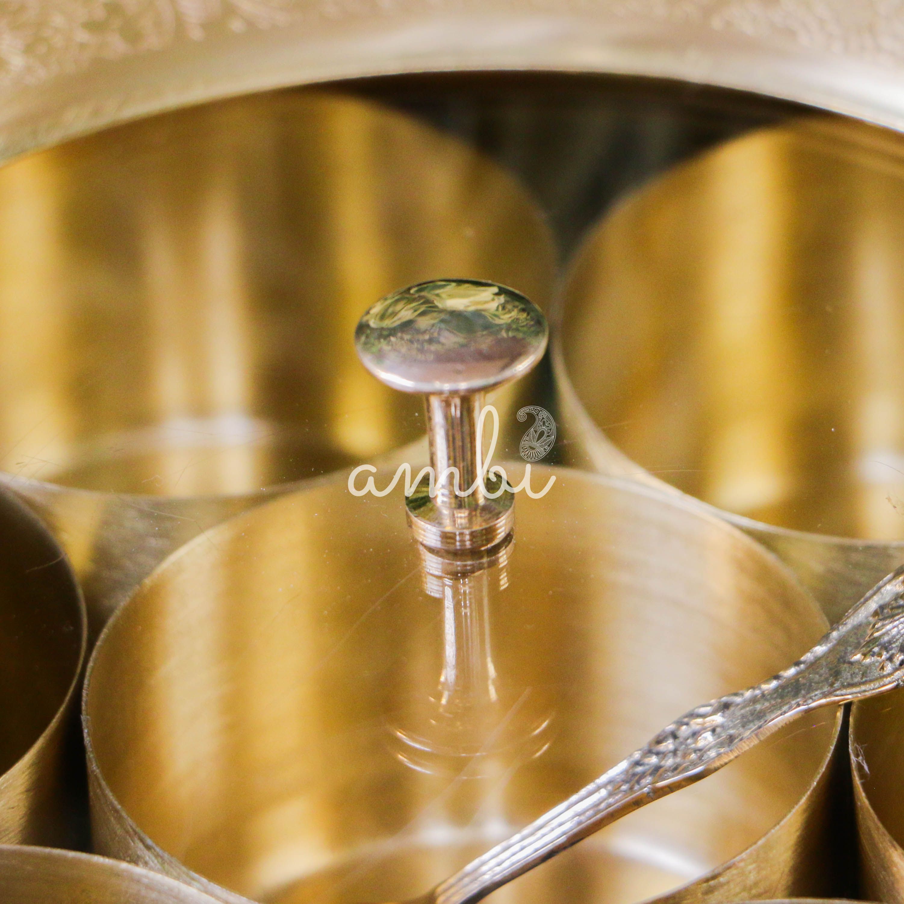 Finely Etched Full Brass Transparent Top 7 Container Spice Box - 8 Inches Diameter