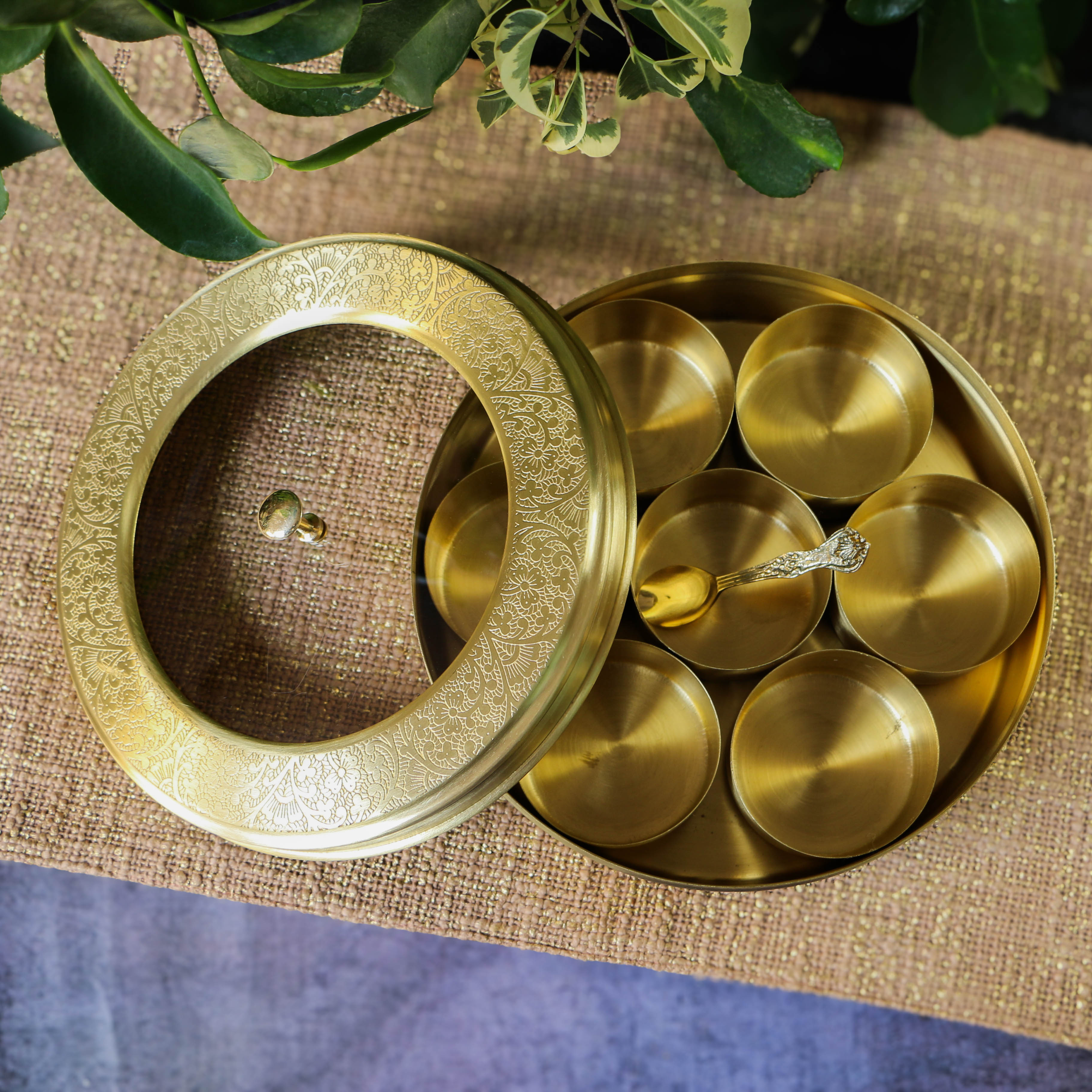 Finely Etched Full Brass Transparent Top 7 Container Spice Box - 8 Inches Diameter