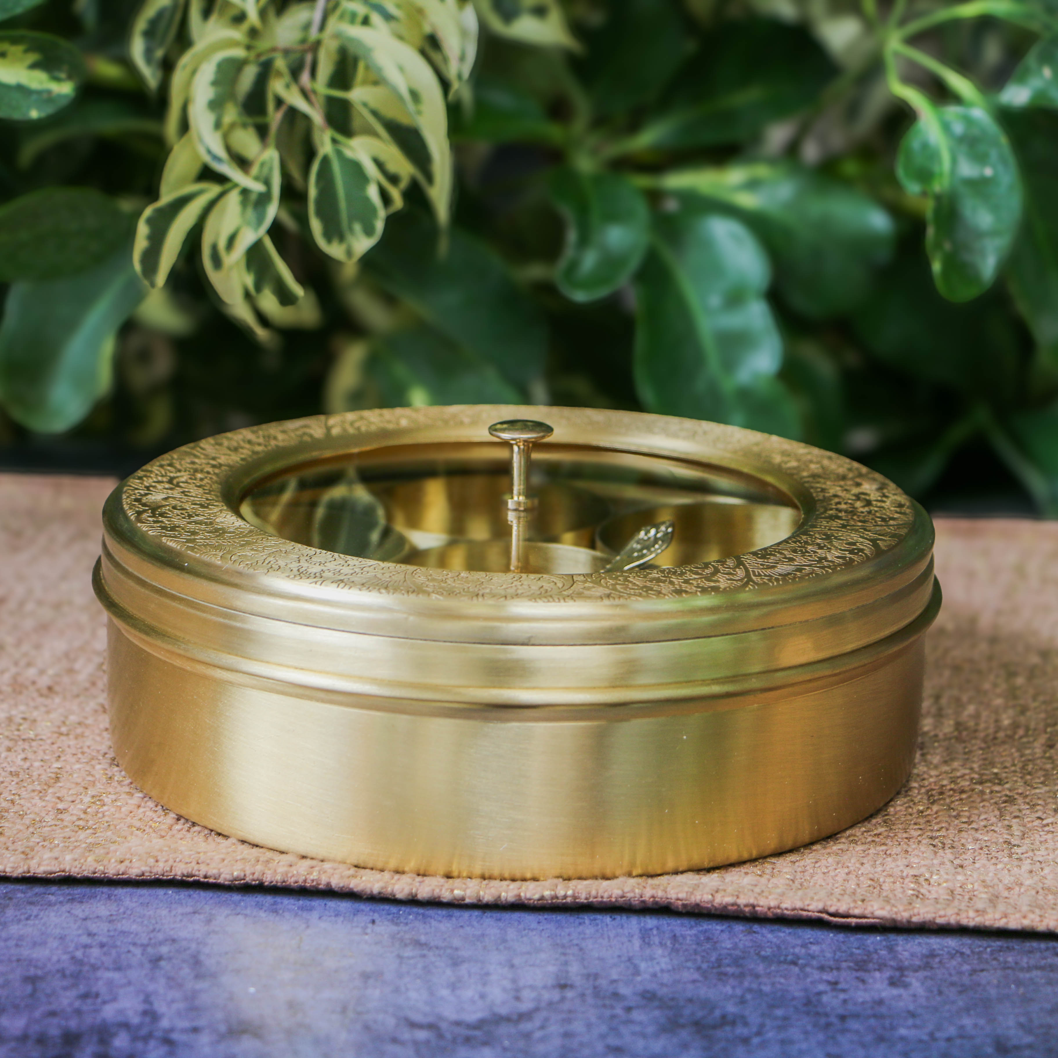 Finely Etched Full Brass Transparent Top 7 Container Spice Box - 8 Inches Diameter