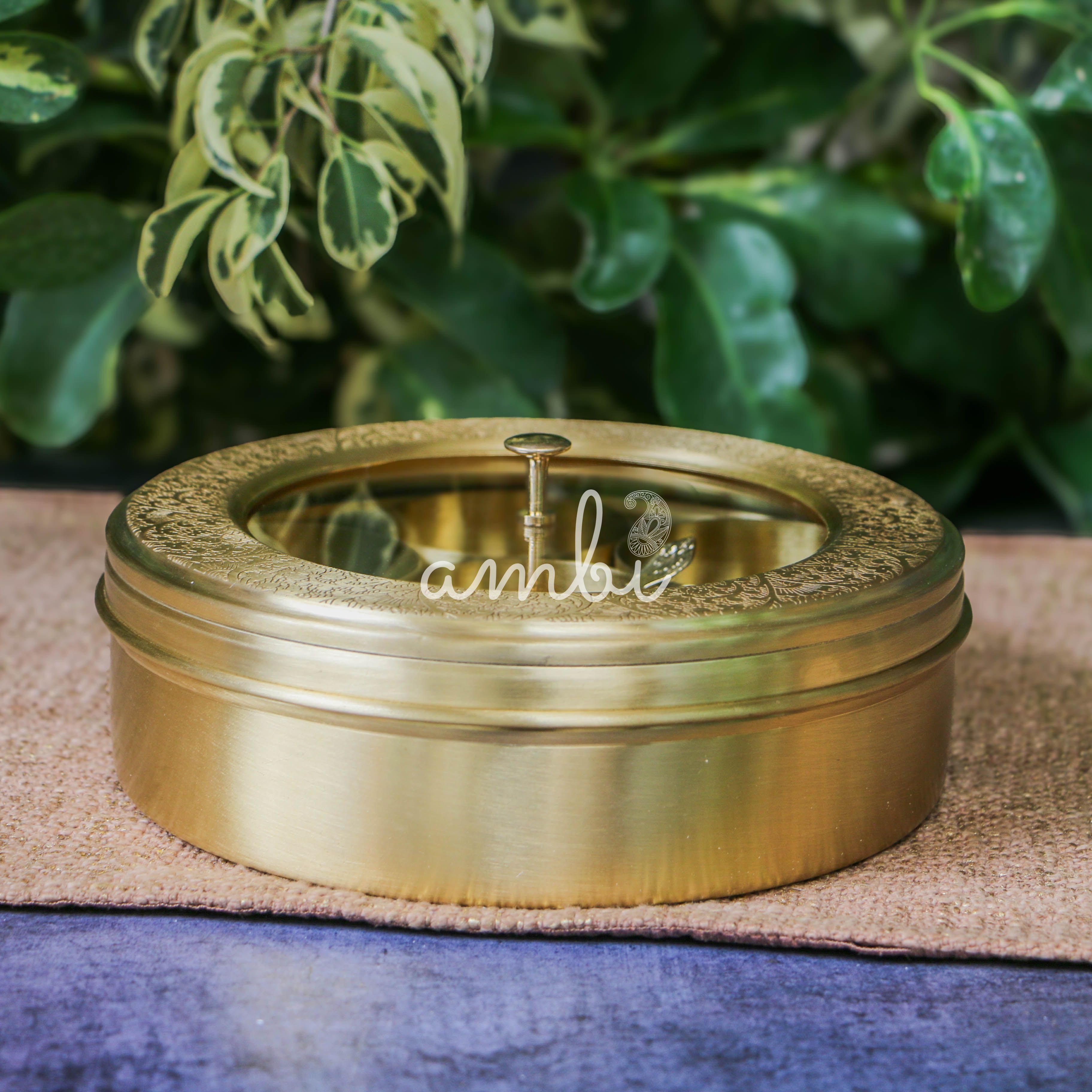 Finely Etched Full Brass Transparent Top 7 Container Spice Box - 8 Inches Diameter