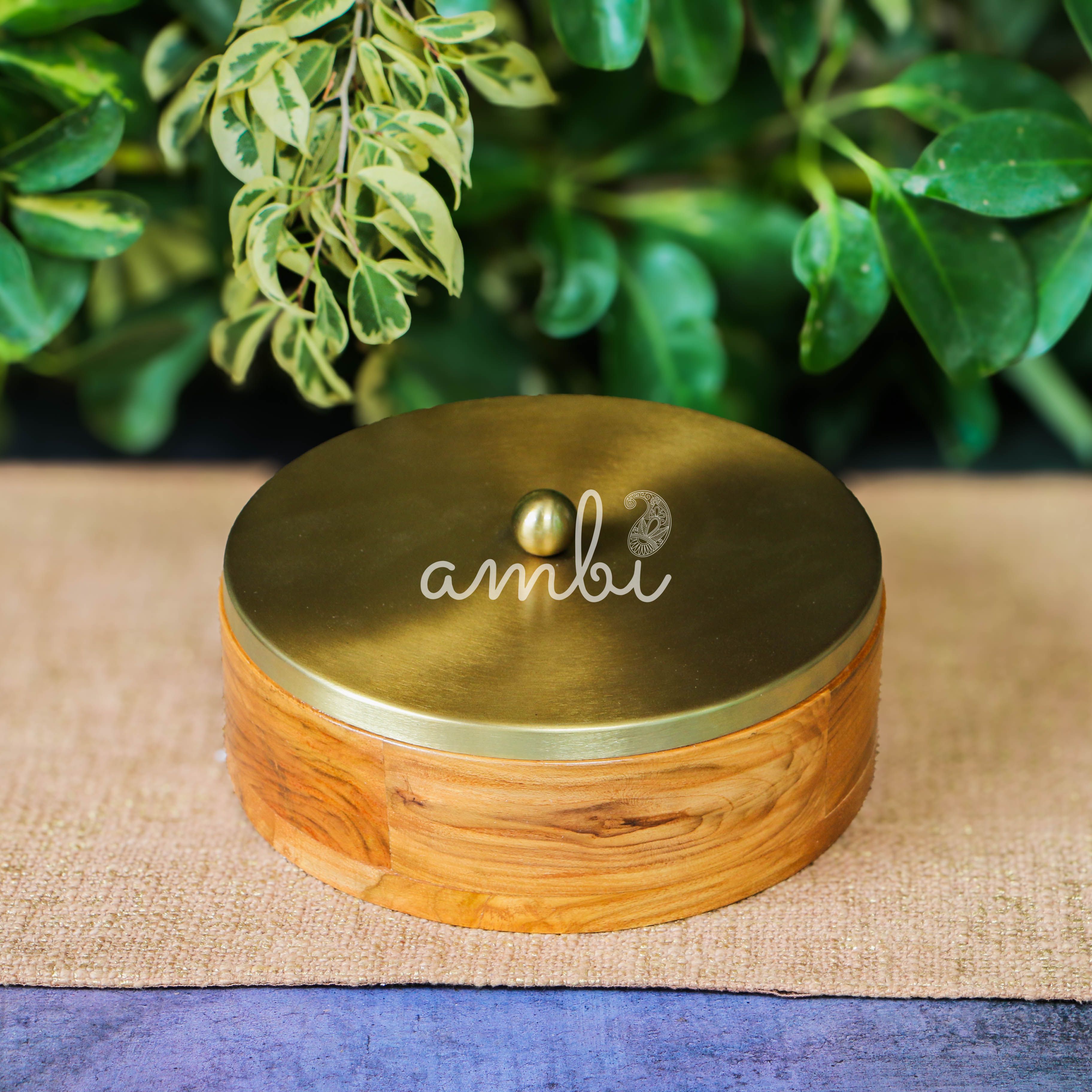 Elegant Simplistic Wood Brass Roti Box - Modern Design - 9 Inches Diameter