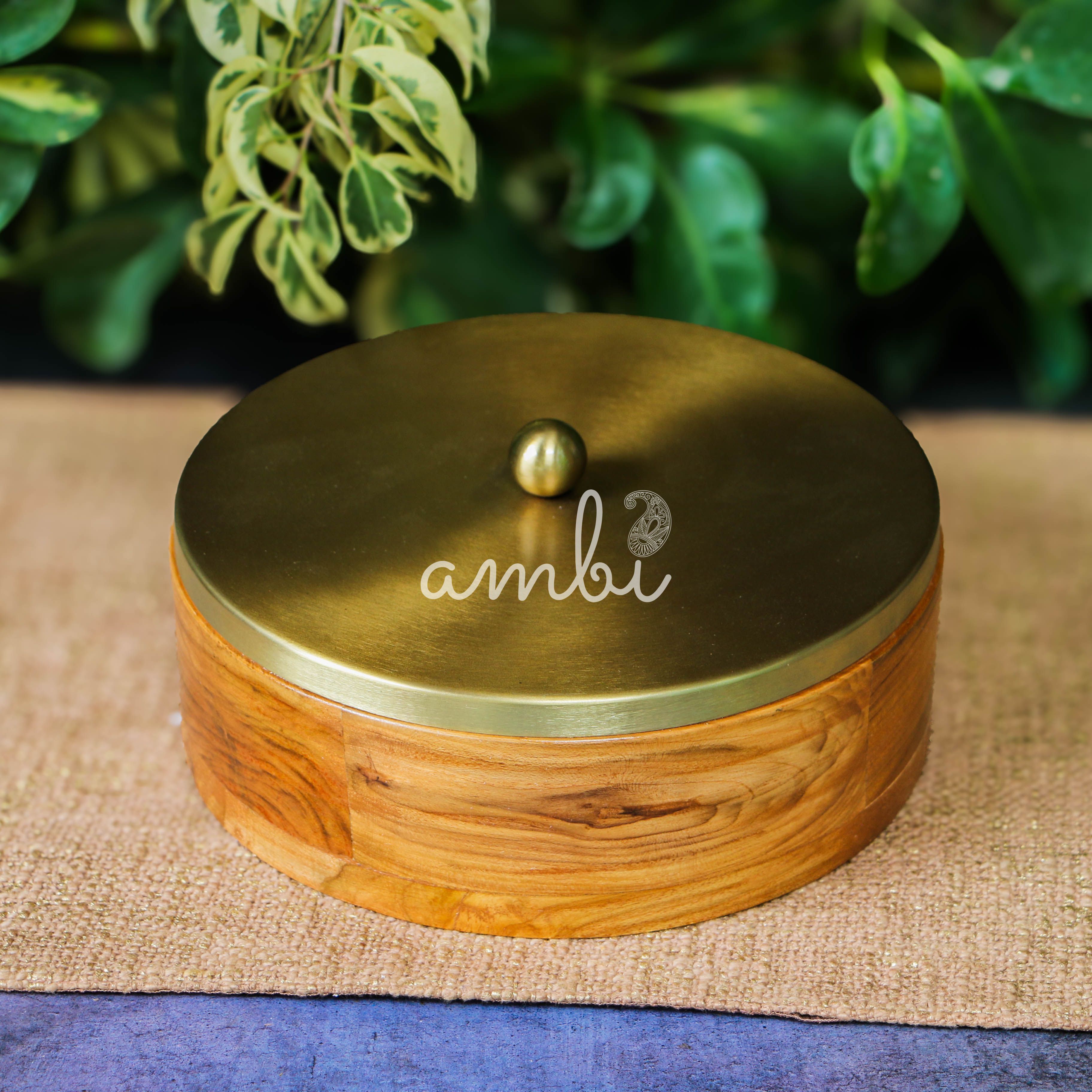Elegant Simplistic Wood Brass Roti Box - Modern Design - 9 Inches Diameter