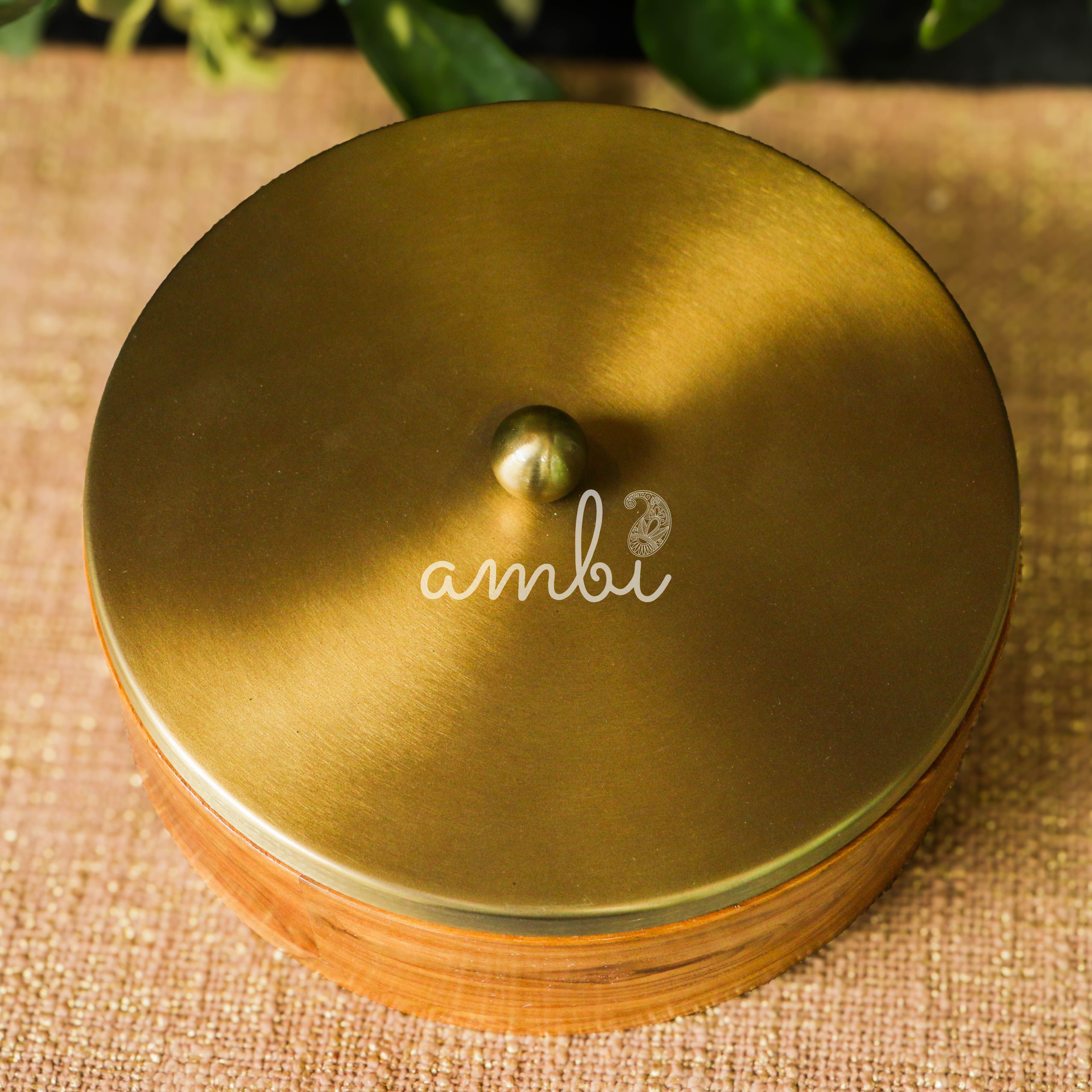 Elegant Simplistic Wood Brass Roti Box - Modern Design - 9 Inches Diameter