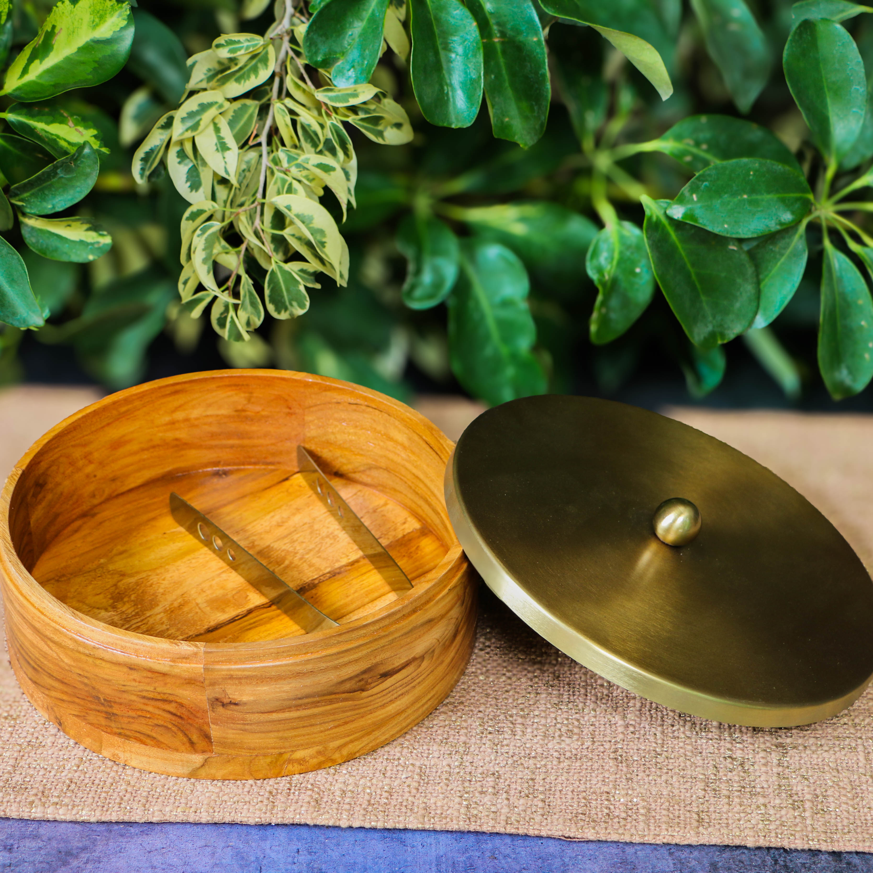 Elegant Simplistic Wood Brass Roti Box - Modern Design - 9 Inches Diameter