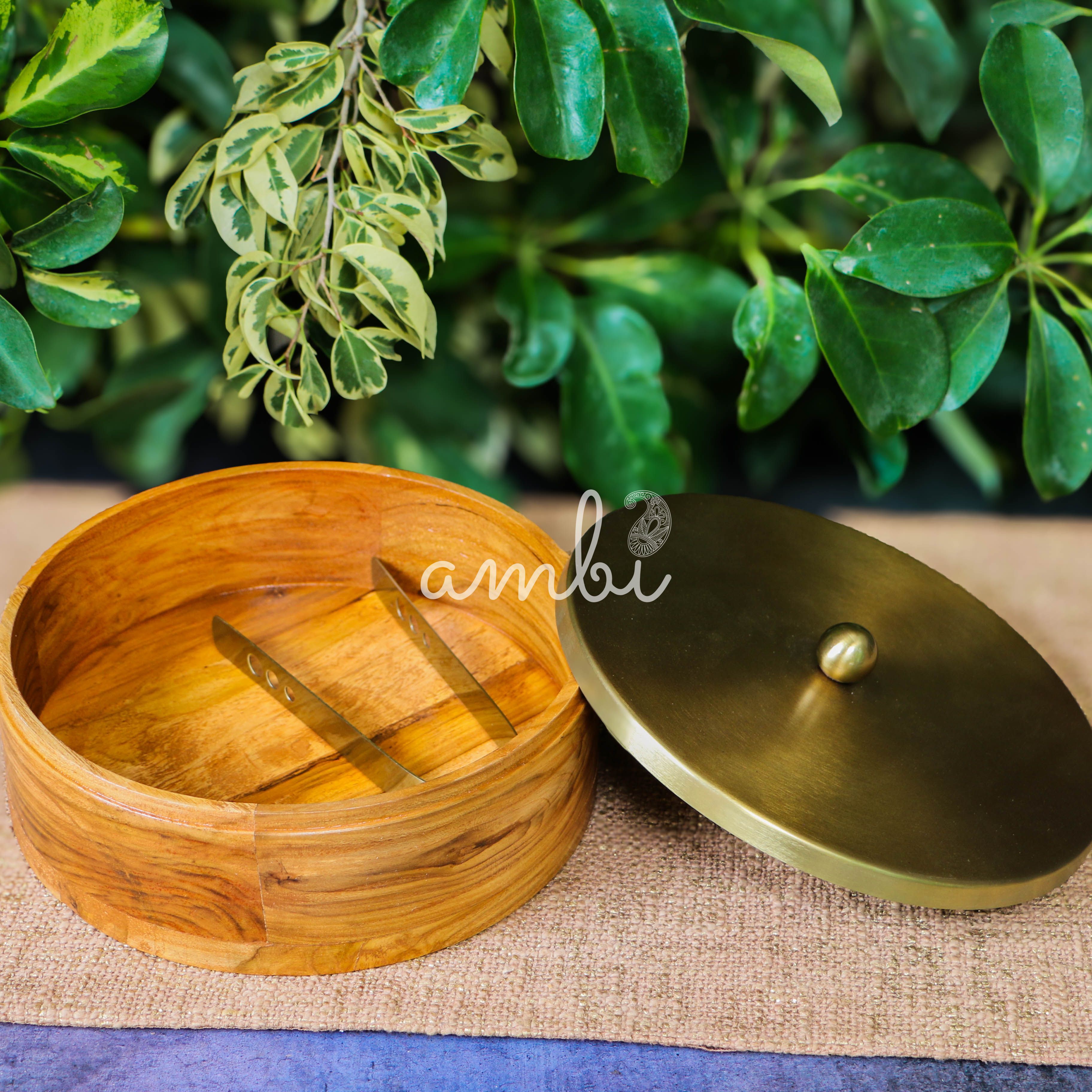 Elegant Simplistic Wood Brass Roti Box - Modern Design - 9 Inches Diameter