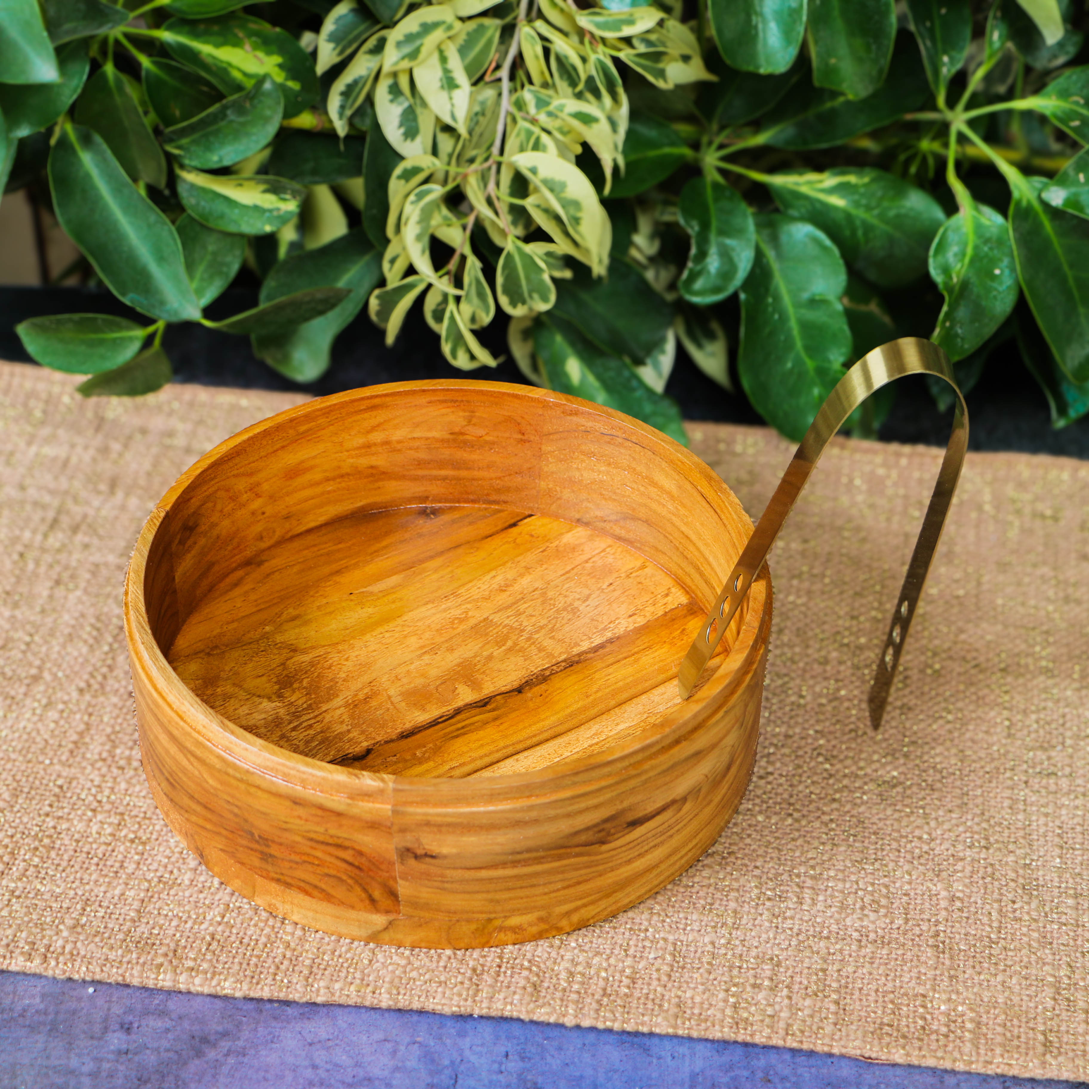 Elegant Simplistic Wood Brass Roti Box - Modern Design - 9 Inches Diameter