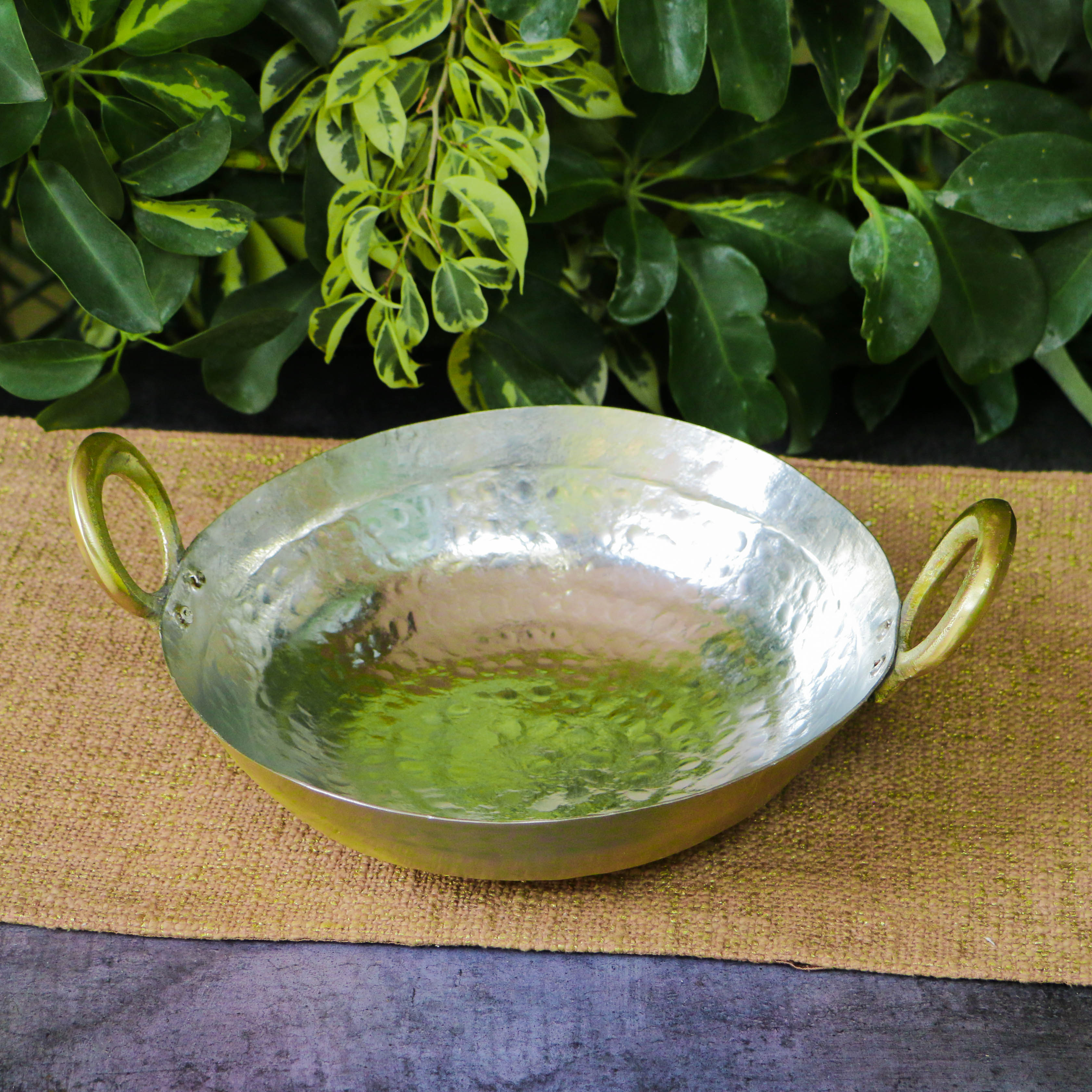 Pure Brass Heavy Base Traditional Style Kadhai / Kadai Medium - 10 Inches Diameter with Tin Coating (Kalai)