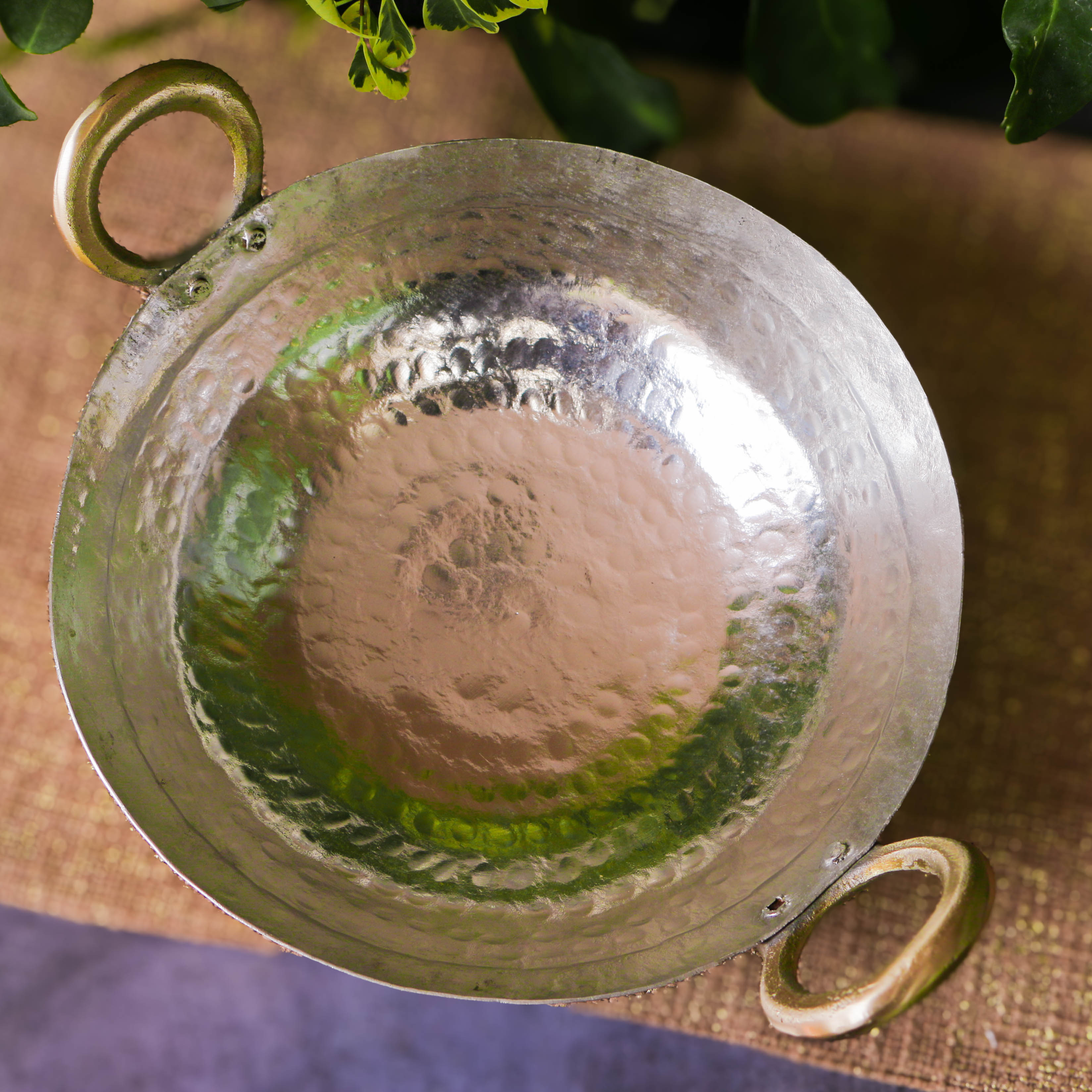 Pure Brass Heavy Base Traditional Style Kadhai / Kadai Medium - 10 Inches Diameter with Tin Coating (Kalai)