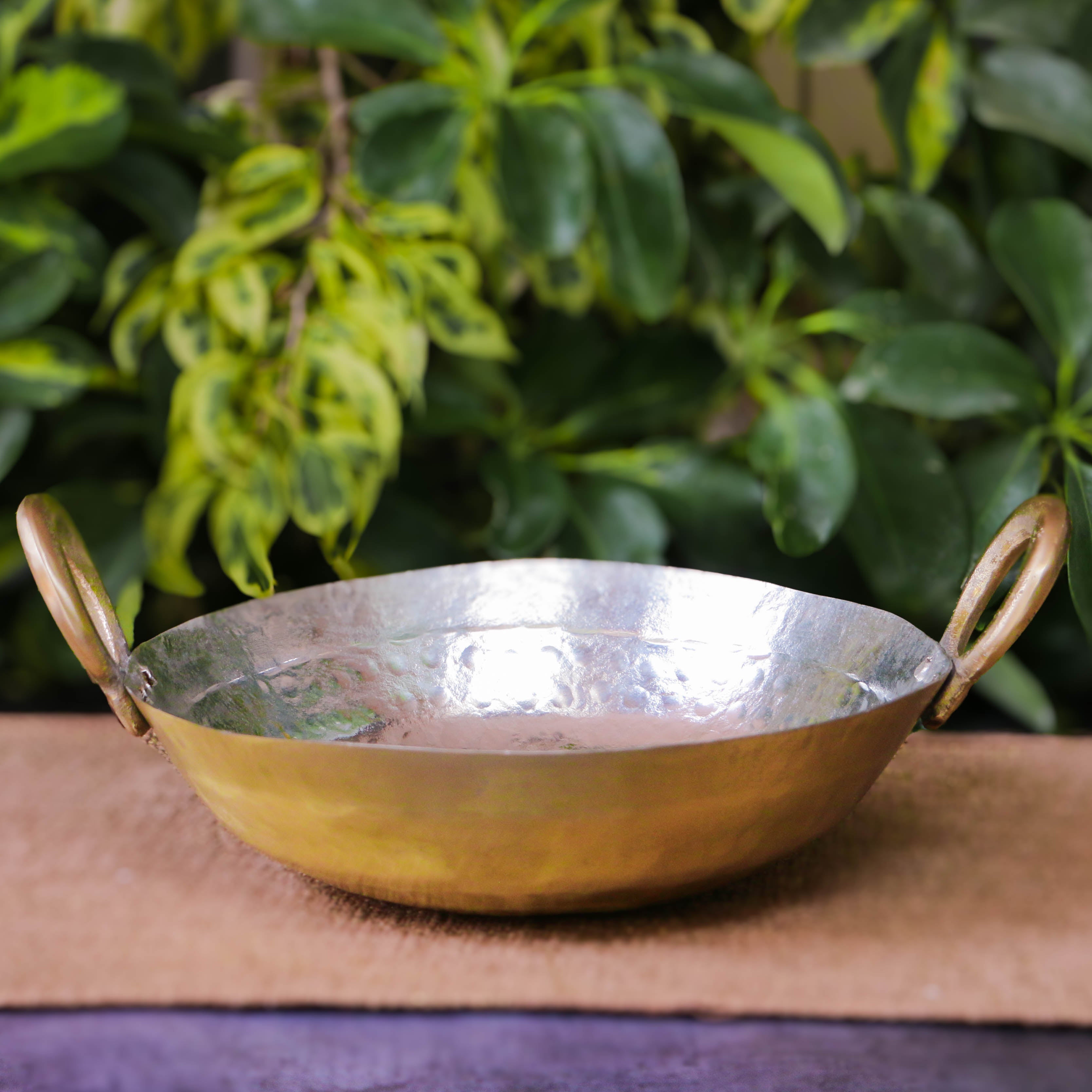 Pure Brass Heavy Base Traditional Style Kadhai / Kadai Medium - 10 Inches Diameter with Tin Coating (Kalai)