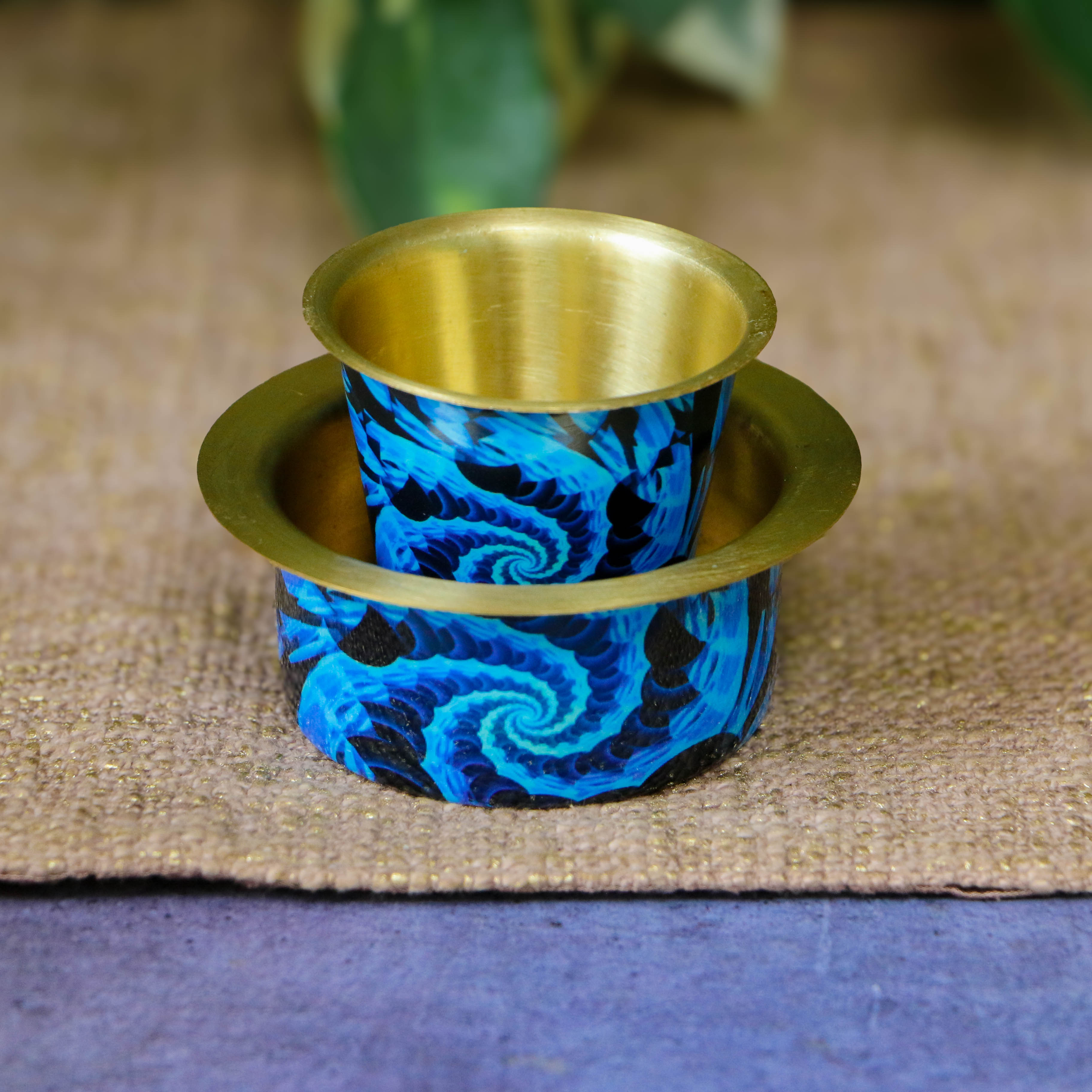 Traditional Brass Filter Coffee Dabara Cup Set - Navy Blue - 100 ML