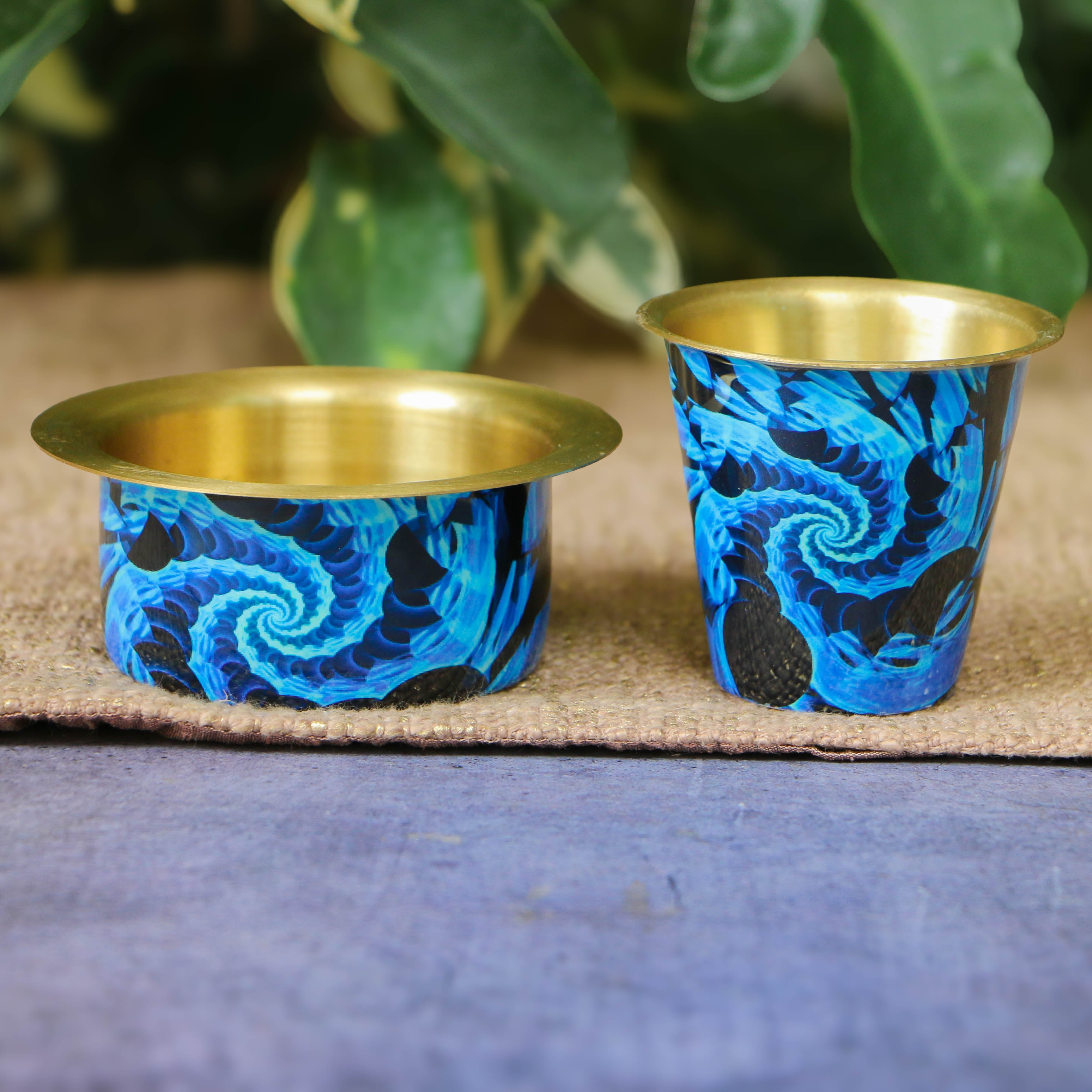 Traditional Brass Filter Coffee Dabara Cup Set - Navy Blue - 100 ML