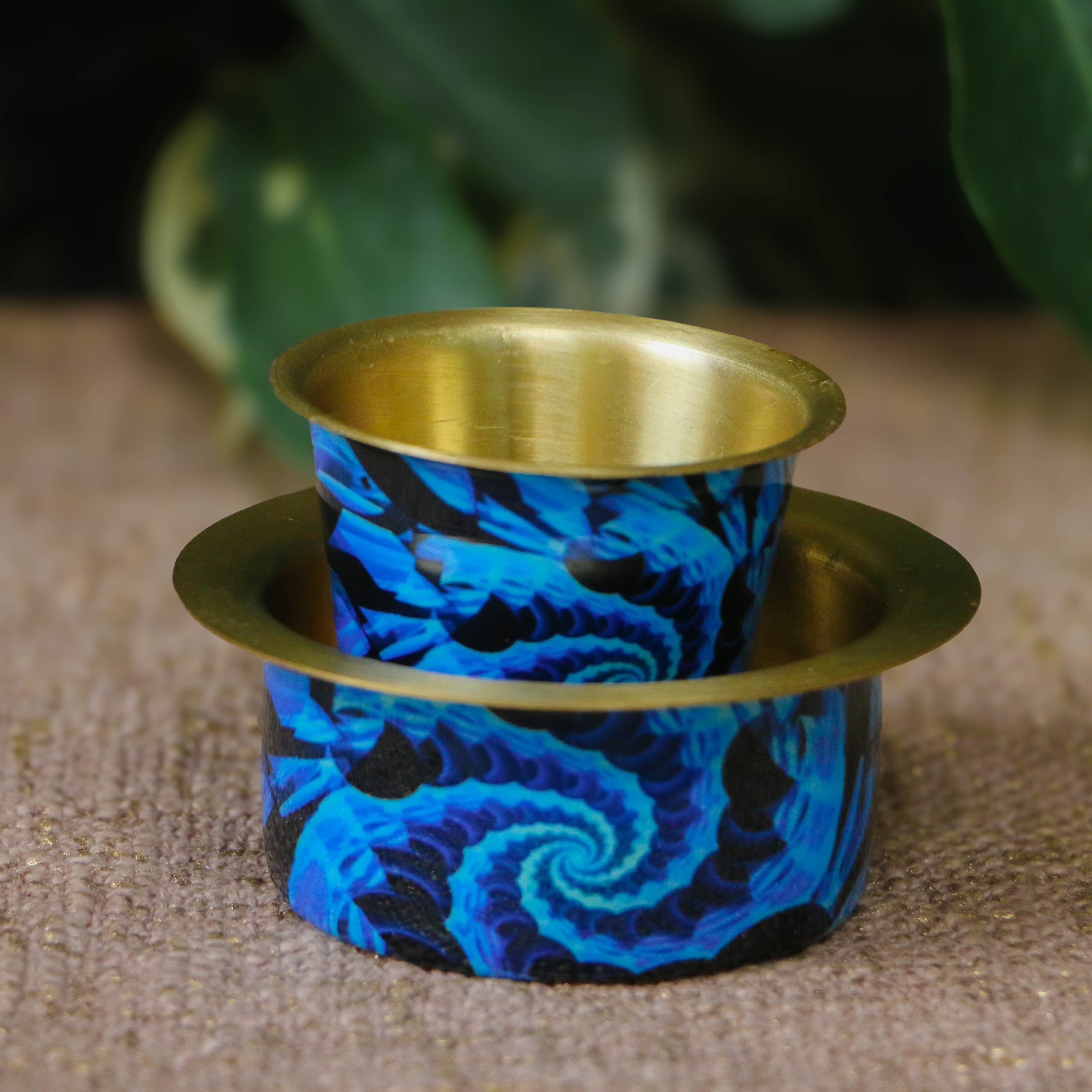 Traditional Brass Filter Coffee Dabara Cup Set - Navy Blue - 100 ML