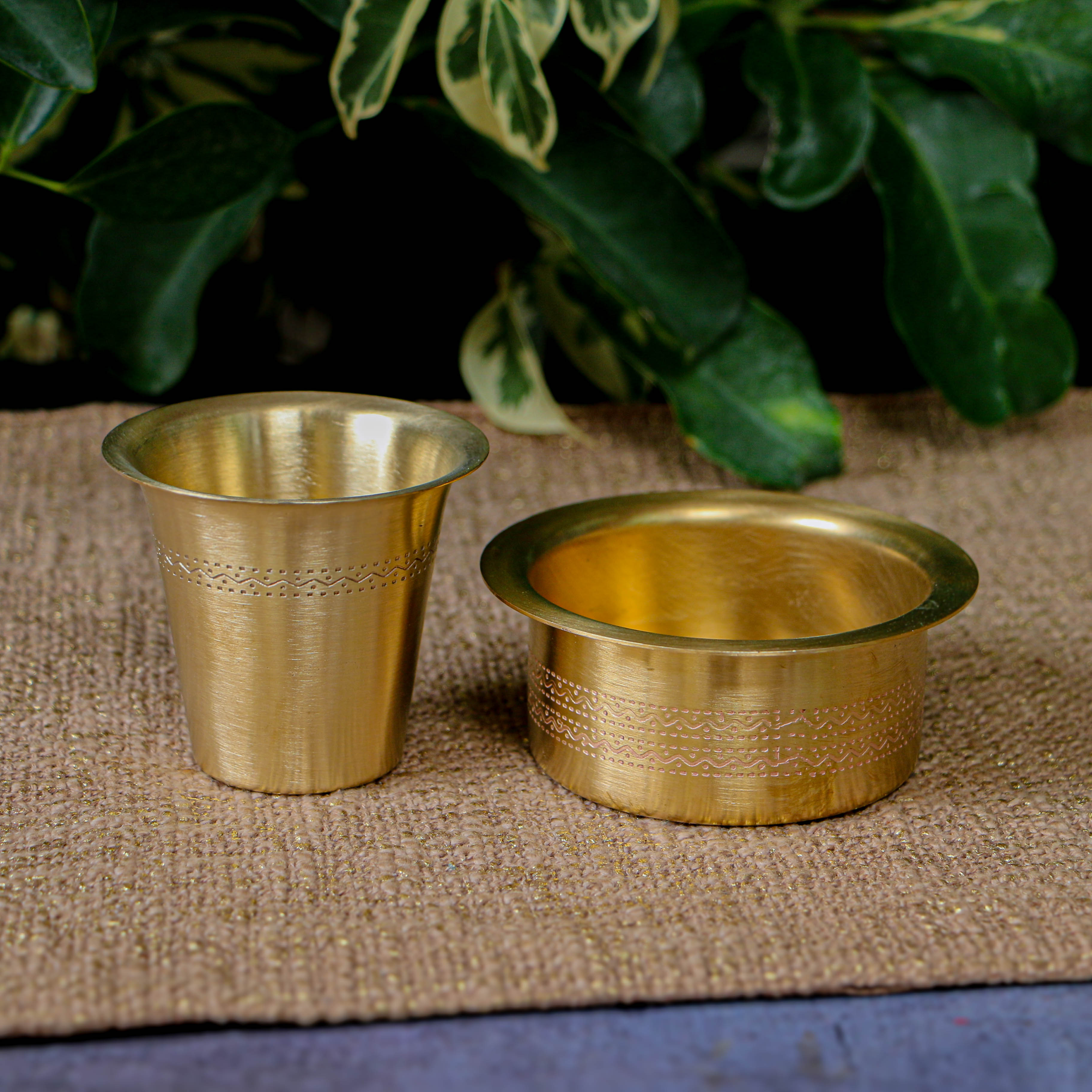 Elegant Pure Brass Coffee Dabara Cup Set - Finely Etched - Matt Finish - 120 ML - Heavy Grade